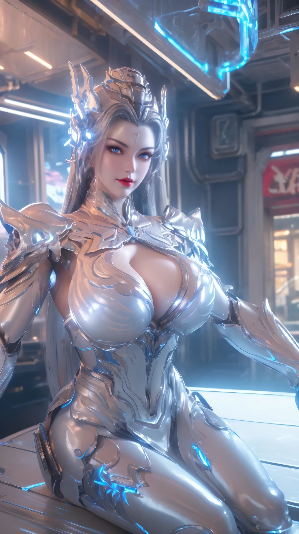 A BUSTY MILF, PORTRAIT,UPPER BODY,SOLO,(BEAUTY WHITE HAIR, MECHA DRAGON HELM), (MASSIVE FAKE BOOBIES,CLEAVAGE,MUSCLE ABS:1.5), (((NEON LED, BLUE, SILVER, WHITE) SHINY ROBOT MECHANICAL SEXY OUTFIT:1.5)),(CURVY VOLUPTUOUS BODY MATURE WOMAN:1.5), (SWEATY GLOSSY BODYSKIN:1.5), (LOOKING AT VIEWER:1.5),(BACKGROUND FUTURISTIC SPACE STATION:1), (PHOTOREALSITIC:1.4), (ULTRA-DETAILLIERT), (TOP-QUALITY), (BEST SHADOWS), BRIGHT LIGHT IN ROOM, HYPER TEXTURE, (4X MSAA), ((UNREAL ENGINE 5 RENDER)), PHYSICALLY-BASED RENDERING, ULTRA HIGHT DEFINITION, 16K, 1080P.