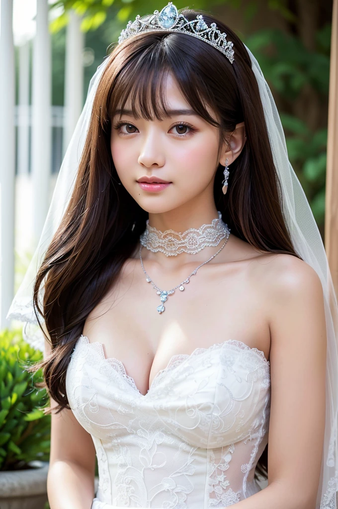 8K, RAW photo, highest quality, masterpiece: 1.2), Super detailed, ultra high resolution, (realistic, realistic photos: 1.37), portrait, High-definition RAW color photos, professional photos, Particle Texture Photography, very delicate and beautiful, very detailed, 8K wallpapers, Amazingly detailed details, huge file size, official art, Highly detailed CG Unity 8K wallpaper, very detailed beautiful girl, very detailed face, very fine eyes, very detailed skin, very detailed fingers, very detailed nose, very detailed mouth, perfect anatomy, very detailed background, very detailed clothes, 1 girl, (28 years old: 1.2), , cute girl, realistic body,, medium hair, (bangs: 1.2), smile, cute, youth, cute face, realistic face, Light brown eyes、delicate eyes, 垂れ目highest quality, masterpiece, 8K quality, high detail, photographic style, detailed background, 28 years oldの美しい日本人の女性、bridal tiara, bridal veil, bridal gauntlet, round idium chest、strapless dresses、beautiful embroidered dress、very big breasts、appealing breasts、appealing breastsの谷間、Pose that emphasizes the chest、semi body shot、Blue Wedding Dresses、(White Princess Line Wedding Dresses、bridal tiara、white choker、white lace gloves、white pantyhose:1.2),(blue skirt、beautiful embroidery),gorgeous、Beautiful necklaces、Majestic atmosphere、whole body,wedding venue near the beach、The skirt is round and wide,、With a well-shaped bust, Clear waist, and beautiful light brown hair, Captivate everyone around. Please generate a detailed description of this scene.,fair and beautiful skin、Gentle atmosphere、bangs、beautiful hair、cute face、cute girl、Popular models in Japan、smiling kindly、Beautiful cleavage、professional lighting、Portrait、show cleavage、white, delicate and beautiful skin、beautiful breasts、Light of the sun、