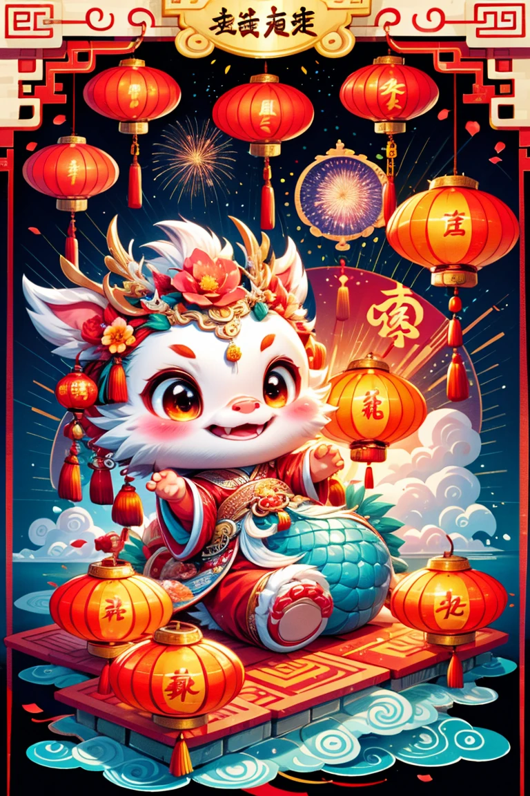 1 Chinese dragon，[(Chinese palace architectural background:1.5)::5]，medium shot，Chinese style，((Spring Festival，lantern，fireworks，firecracker，Floral fragrance，stone fragment，Beautiful and delicate water，moiré floor))，Cute Chinese Dragon