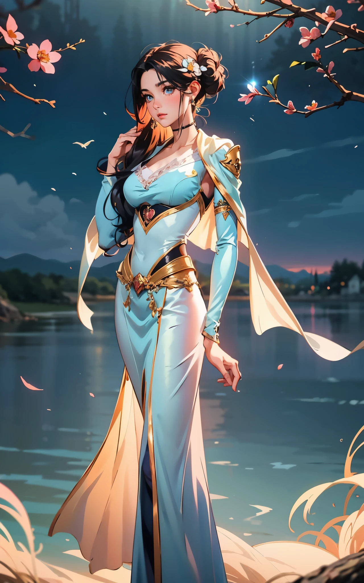 a beautiful young woman, a peerless beauty, goddess, perfect body, perfect nose, perfect mouth, perfect eyes, Perfect skin, the most beautiful woman in the world, dual-toned medium-length hair, a floral hairpin, a graceful visage, bright eyes, flawless skin, exudes an elegant temperament, a refined two-piece set of silk clothing, a light pink shawl, a pale silk belt, An ethereal and flowing long skirt, a dreamy and ethereal atmosphere, this character embodies a finely crafted fantasy-style traditional Chinese beauty in anime style, exquisite and mature manga art style, high definition, best quality, highres, ultra-detailed, ultra-fine painting, extremely delicate, professional, anatomically correct, symmetrical face, extremely detailed eyes and face, high quality eyes, creativity, RAW photo, UHD, 8k, Natural light, cinematic lighting, masterpiece-anatomy-perfect, masterpiece:1.5