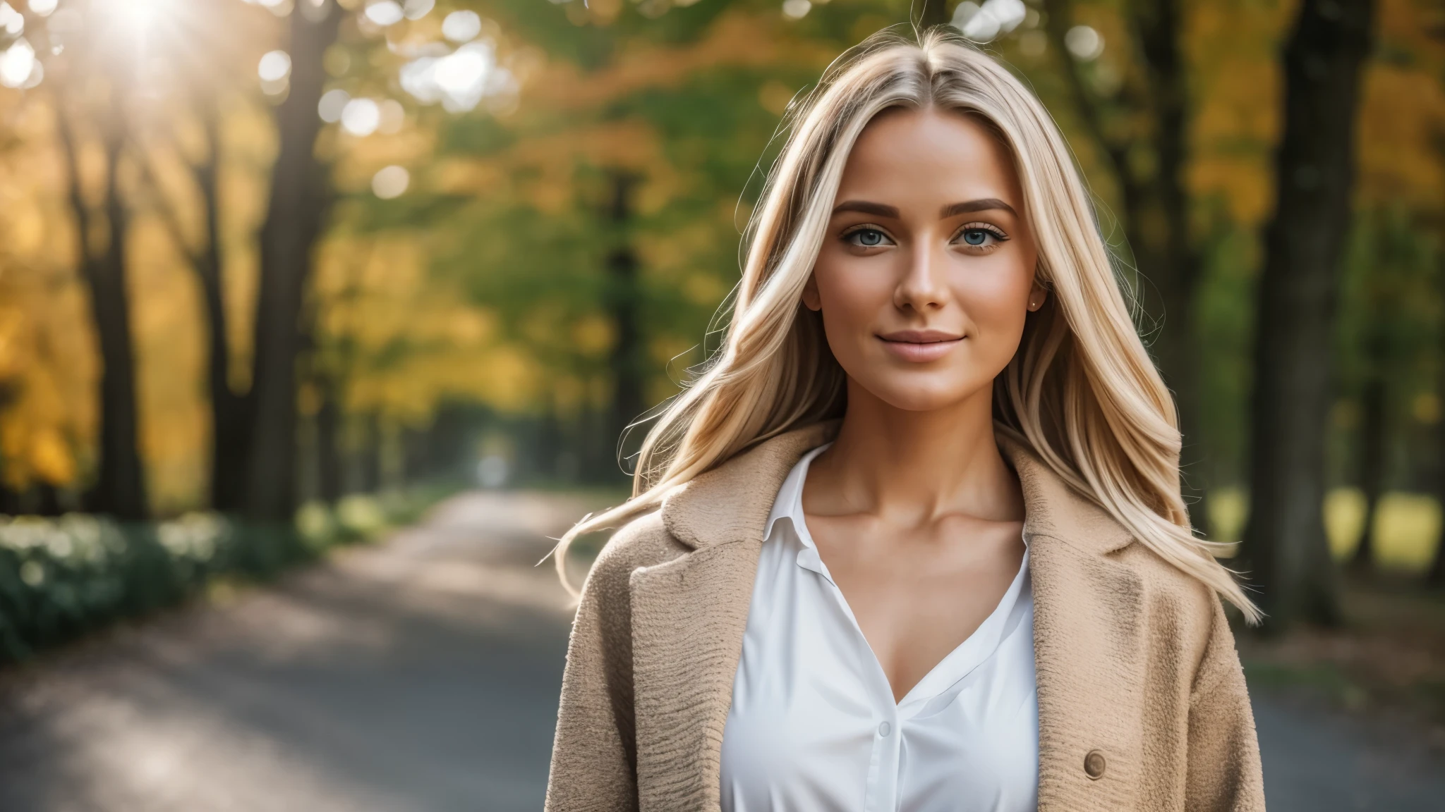 Hyper-realistic and detailed shot of a blonde woman .souriante de 25 ans portant un long manteau et une mini jupe. outside. Le soleil brille. Des yeux parfaits, (maquillage des yeux:1.1), (seins parfaits), (Highly detailed skin:1.1), ......RAW, style analogique, mise au point nette, 8K UHD, DSLR, High quality, Fujifilm XT3, grain, award winning, Masterpiece, Objectif 50mm, corps entier
