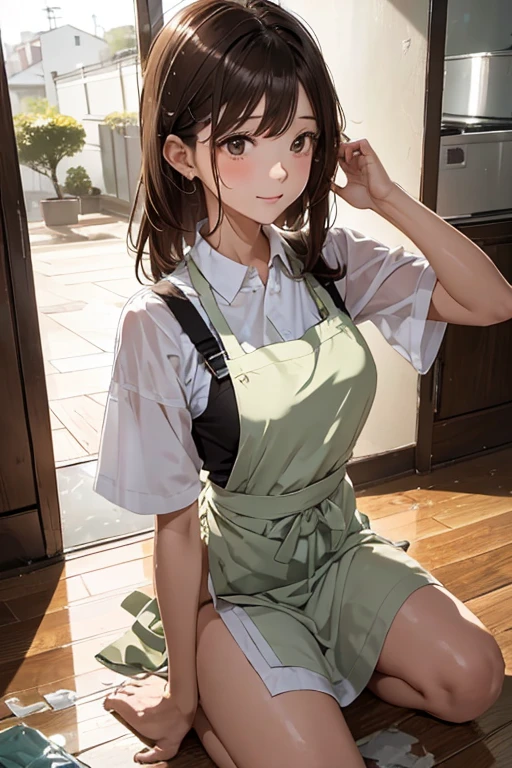 (8K), (best quality), (muste piece: 1.2)　A cute woman cleaning up glass pieces scattered on the floor　Wearing an apron　brown hair　staring at the floor