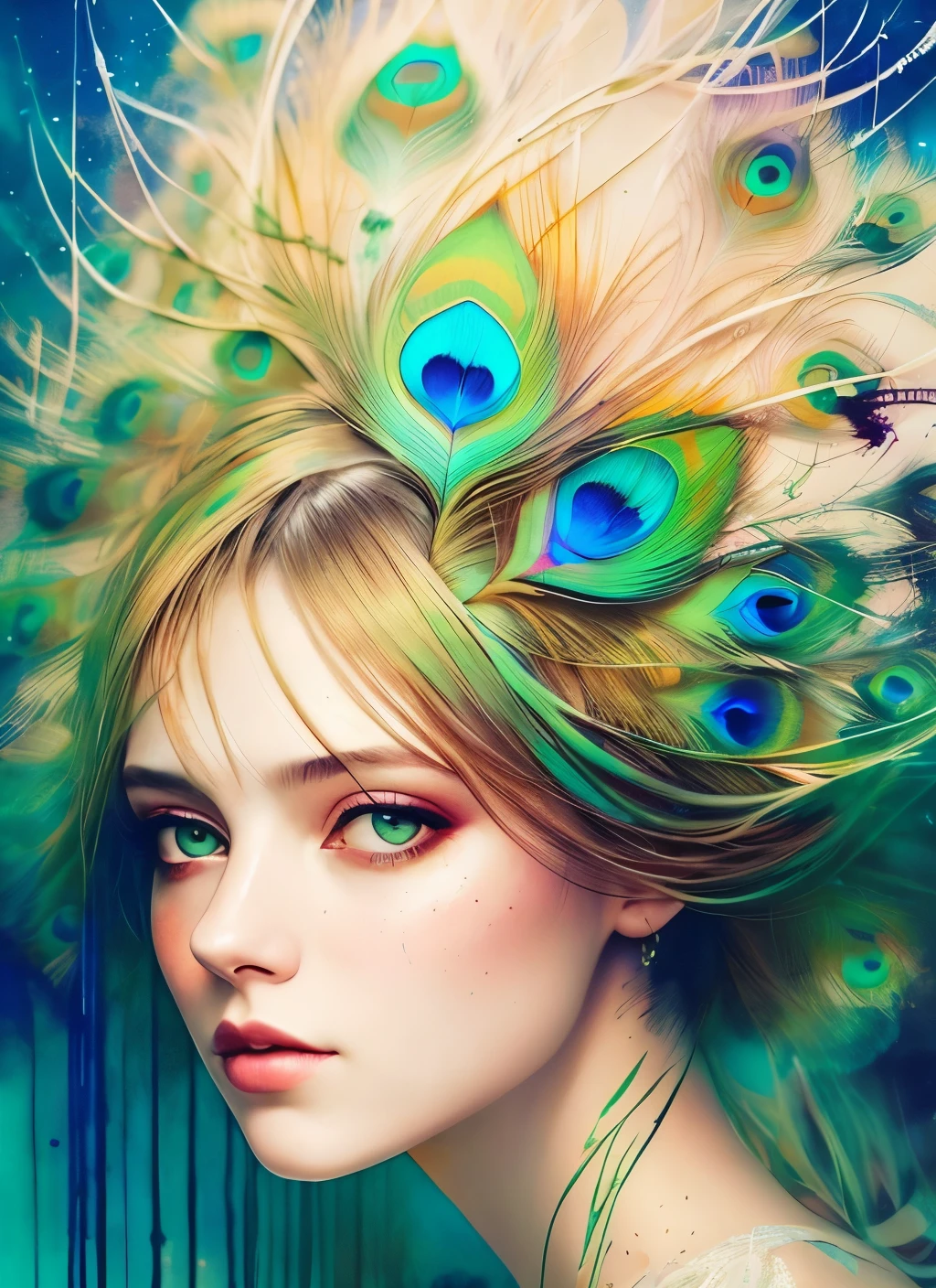 a abstract painting of woman blend with a peacock feather by agnes cecile, luminous design, pastel colours, ink drips, dynamic lights, double exposure, artistic, aesthetic, unique