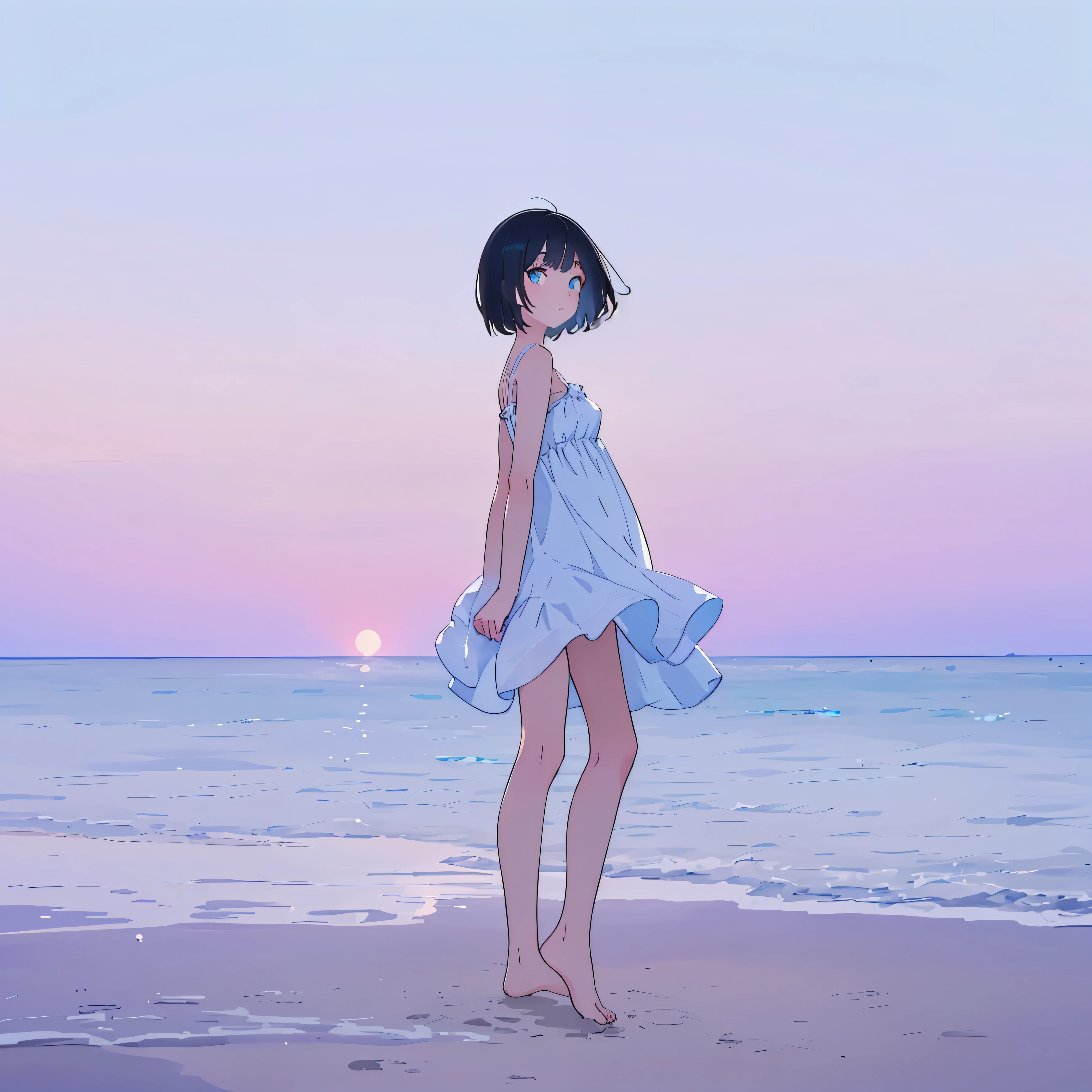 1girl wearing a plain white dress, short black hair, cyan eyes, looking at viewer, side view but her head is turned to face the camera, arms behind back, barefoot, walking at the beach, dawn, 8K, ultra detailed, masterpiece, sharp details, ultra high resolution, highly detailed face