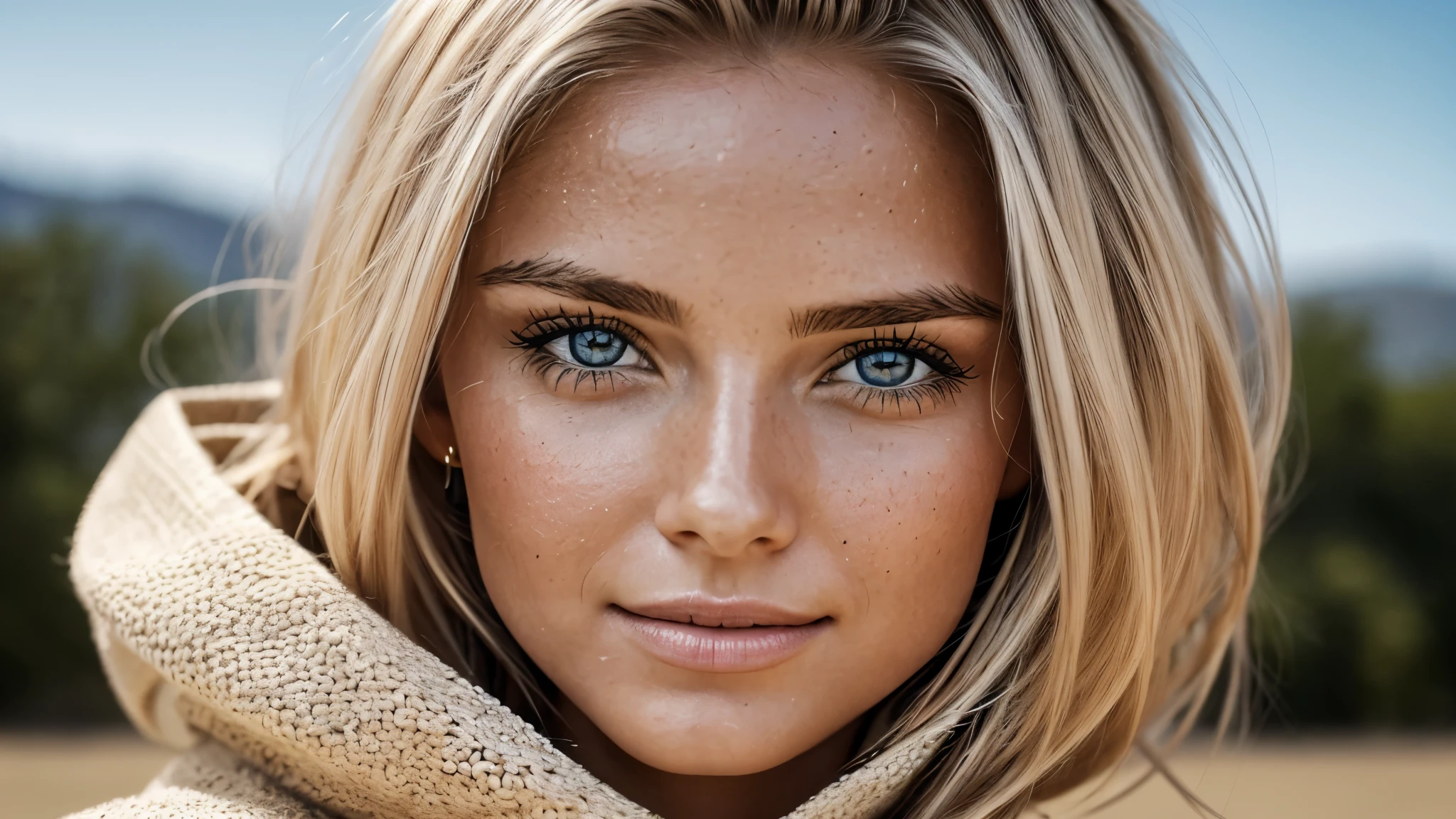 Hyper-realistic and detailed shot of a blonde woman .souriante de 25 ans portant un long manteau et une mini jupe. outside. Le soleil brille. Des yeux parfaits, (maquillage des yeux:1.1), (seins parfaits), (Highly detailed skin:1.1), ......RAW, style analogique, mise au point nette, 8K UHD, DSLR, High quality, Fujifilm XT3, grain, award winning, Masterpiece, Objectif 50mm, corps entier
