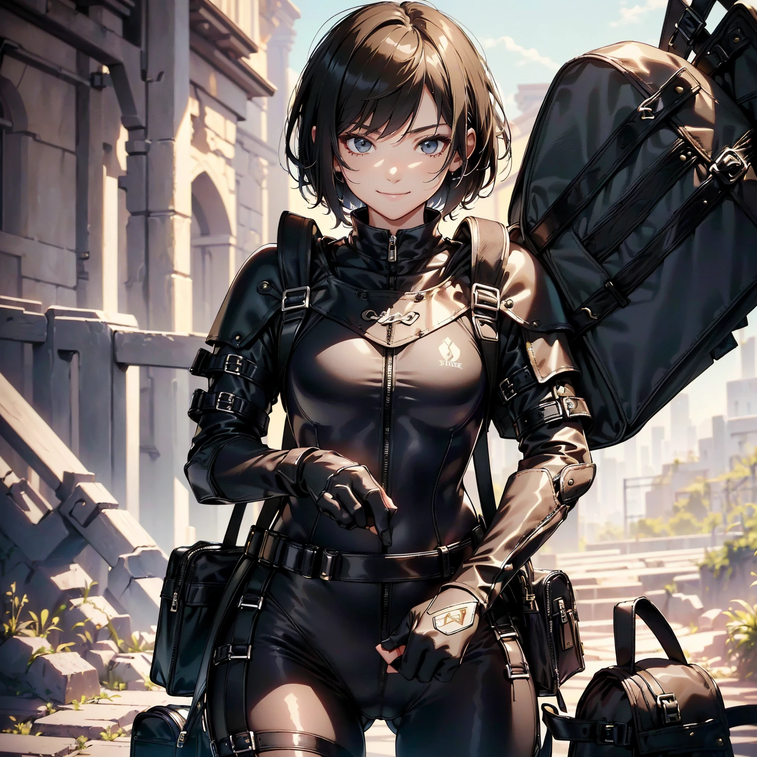 (masterpiece、highest quality、highest resolution、clear_image、detailed details): (whole body、18 year old female fighter,Slender、small face、black super bob short hair、Shiny black tight combat uniform,tight suit、Gentle smile、Backpack)