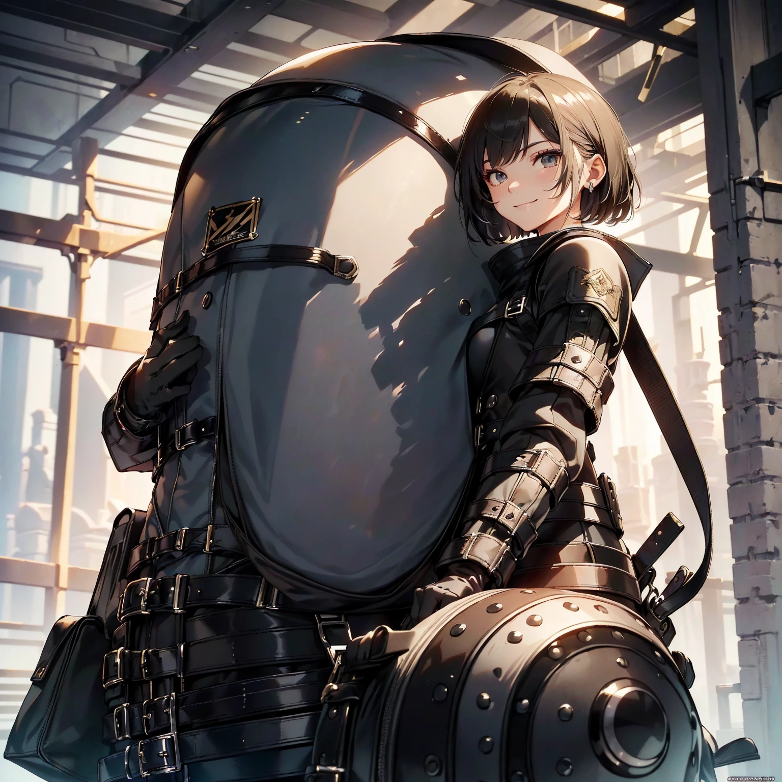 (masterpiece、highest quality、highest resolution、clear_image、detailed details): (whole body、18 year old female fighter,Slender、small face、black super bob short hair、Shiny black tight combat uniform,tight suit、Gentle smile、Backpack)