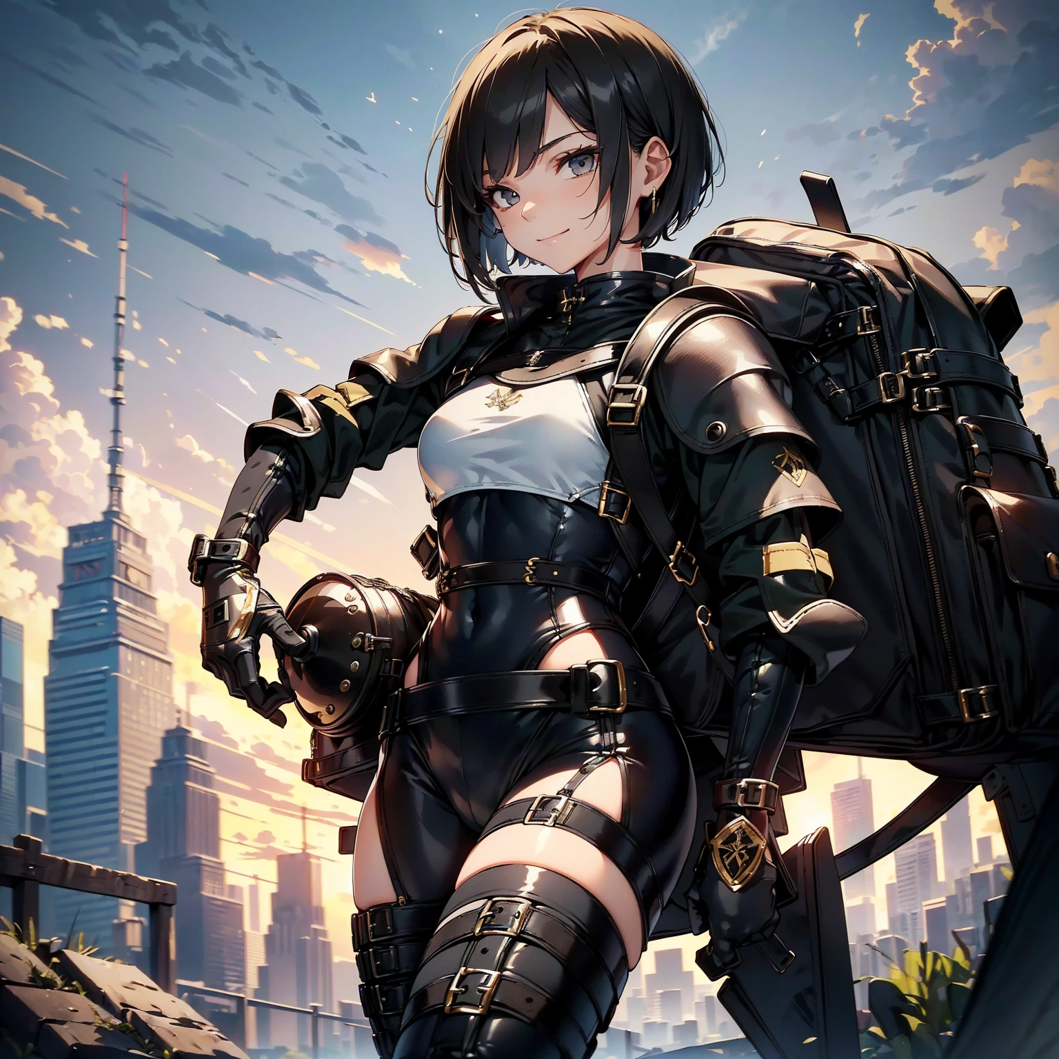 (masterpiece、highest quality、highest resolution、clear_image、detailed details): (whole body、18 year old female fighter,Slender、small face、black super bob short hair、Shiny black tight combat uniform,tight suit、Gentle smile、Backpack)