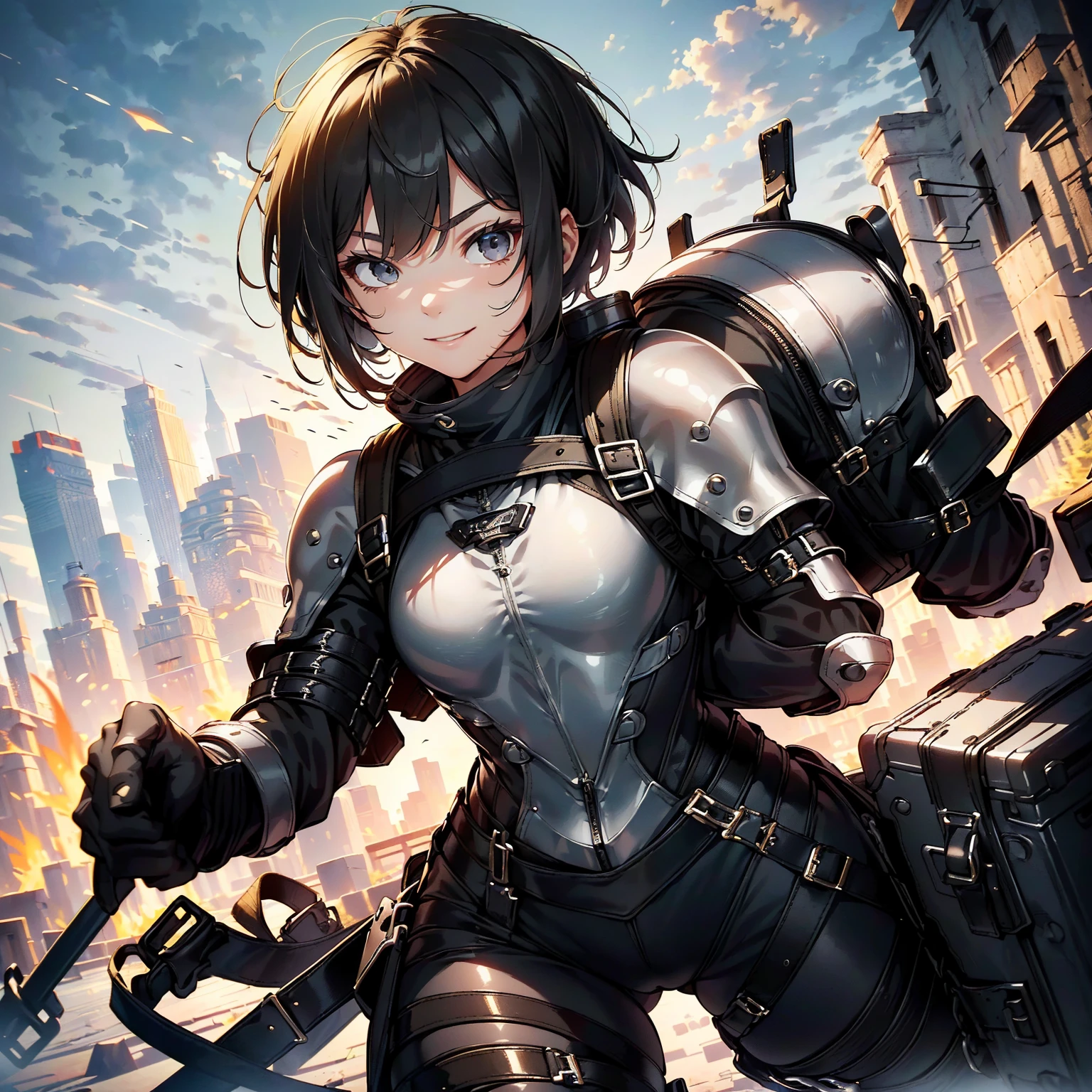 (masterpiece、highest quality、highest resolution、clear_image、detailed details): (whole body、18 year old female fighter,Slender、small face、black super bob short hair、Shiny black tight combat uniform,tight suit、Gentle smile、Backpack)