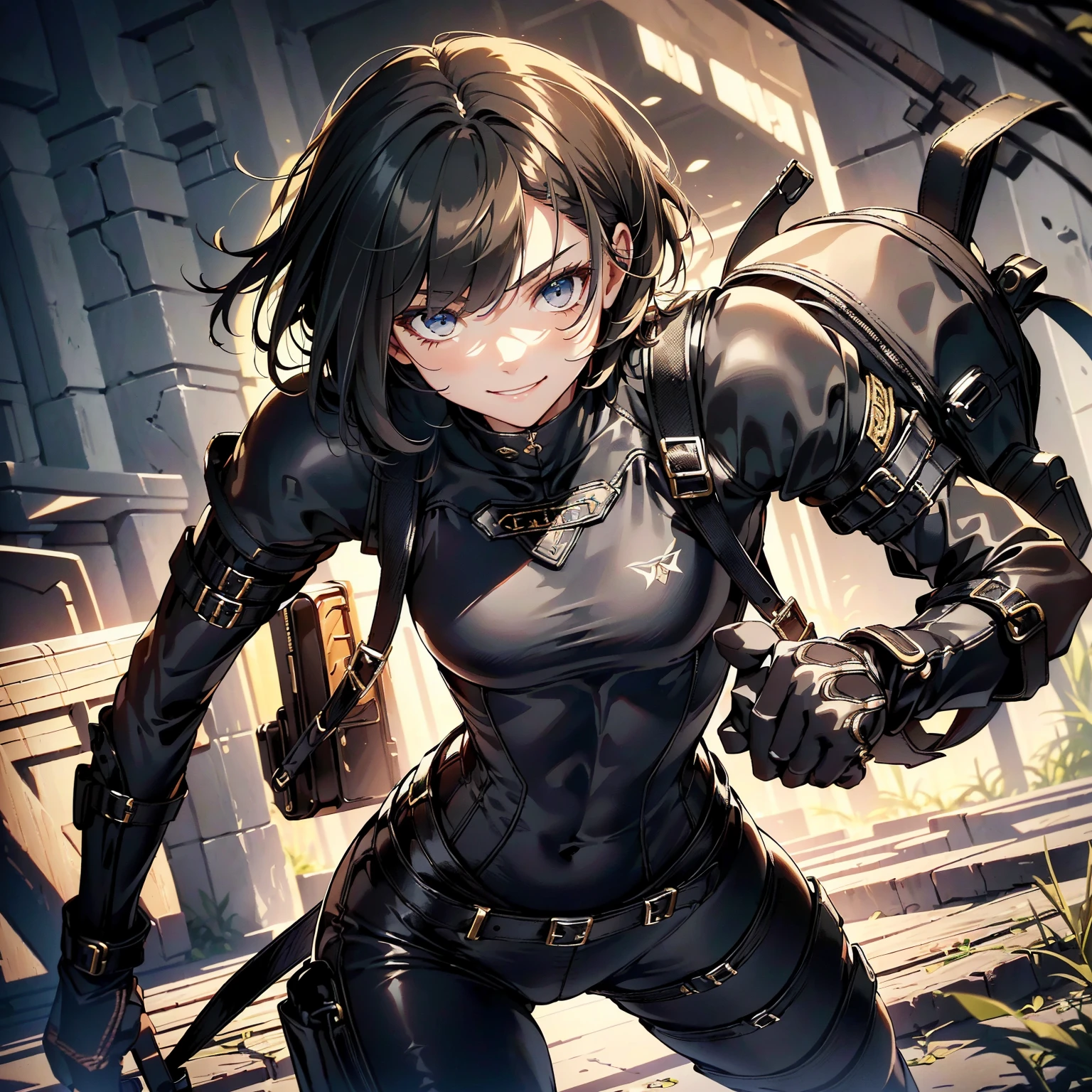 (masterpiece、highest quality、highest resolution、clear_image、detailed details): (whole body、18 year old female fighter,Slender、small face、black super bob short hair、Shiny black tight combat uniform,tight suit、Gentle smile、Backpack)
