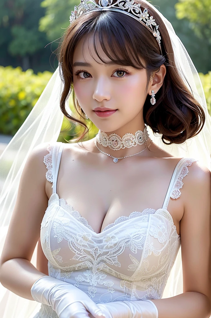 8K, RAW photo, highest quality, masterpiece: 1.2), Super detailed, ultra high resolution, (realistic, realistic photos: 1.37), portrait, High-definition RAW color photos, professional photos, Particle Texture Photography, very delicate and beautiful, very detailed, 8K wallpapers, Amazingly detailed details, huge file size, official art, Highly detailed CG Unity 8K wallpaper, very detailed beautiful girl, very detailed face, very fine eyes, very detailed skin, very detailed fingers, very detailed nose, very detailed mouth, perfect anatomy, very detailed background, very detailed clothes, 1 girl, (28 years old: 1.2), , cute girl, realistic body,, medium hair, (bangs: 1.2), smile, cute, youth, cute face, realistic face, Light brown eyes、delicate eyes, 垂れ目highest quality, masterpiece, 8K quality, high detail, photographic style, detailed background, 28 years oldの美しい日本人の女性、bridal tiara, bridal veil, bridal gauntlet, round idium chest、strapless dresses、beautiful embroidered dress、very big breasts、appealing breasts、appealing breastsの谷間、Pose that emphasizes the chest、semi body shot、pink wedding dresses、(White Princess Line Wedding Dresses、bridal tiara、white choker、white lace gloves、white pantyhose:1.2),(white skirt、beautiful embroidery),gorgeous、Beautiful necklaces、Majestic atmosphere、whole body,wedding venue near the beach、The skirt is round and wide,、With a well-shaped bust, Clear waist, and beautiful light brown hair, Captivate everyone around. Please generate a detailed description of this scene.,fair and beautiful skin、Gentle atmosphere、bangs、beautiful hair、cute face、cute girl、Popular models in Japan、smiling kindly、Beautiful cleavage、professional lighting、Portrait、show cleavage、white, delicate and beautiful skin、beautiful breasts、Light of the sun、looking back