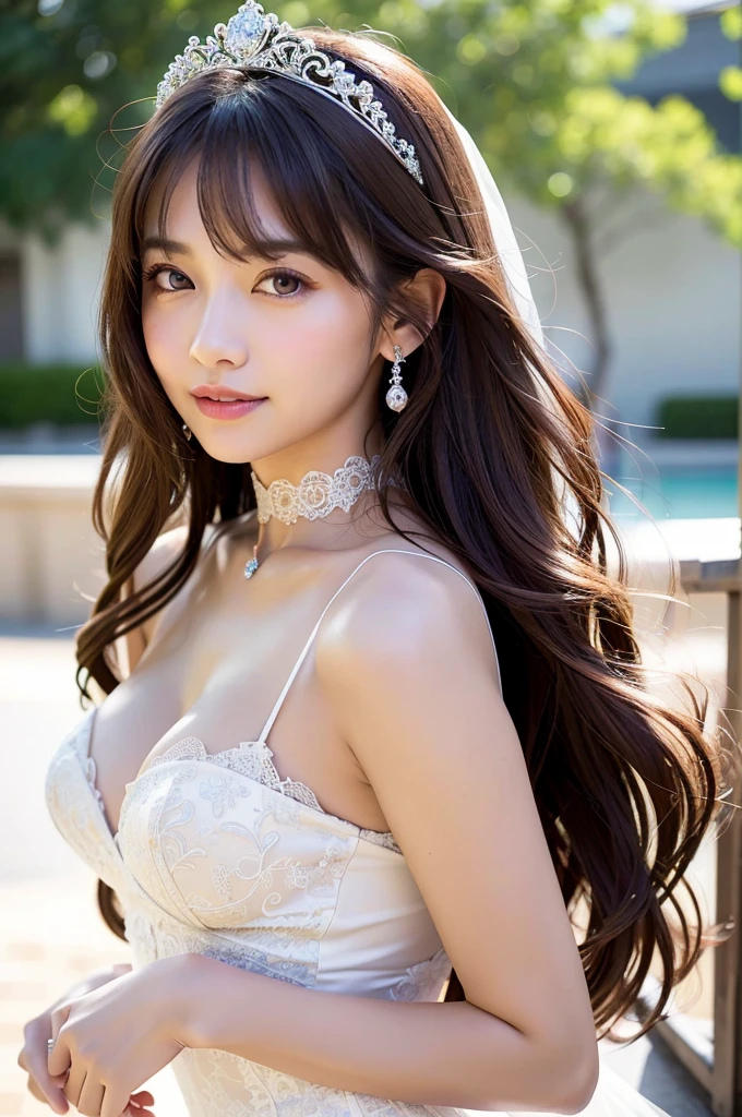 8K, RAW photo, highest quality, masterpiece: 1.2), Super detailed, ultra high resolution, (realistic, realistic photos: 1.37), portrait, High-definition RAW color photos, professional photos, Particle Texture Photography, very delicate and beautiful, very detailed, 8K wallpapers, Amazingly detailed details, huge file size, official art, Highly detailed CG Unity 8K wallpaper, very detailed beautiful girl, very detailed face, very fine eyes, very detailed skin, very detailed fingers, very detailed nose, very detailed mouth, perfect anatomy, very detailed background, very detailed clothes, 1 girl, (28 years old: 1.2), , cute girl, realistic body,, medium hair, (bangs: 1.2), smile, cute, youth, cute face, realistic face, Light brown eyes、delicate eyes, 垂れ目highest quality, masterpiece, 8K quality, high detail, photographic style, detailed background, 28 years oldの美しい日本人の女性、bridal tiara, bridal veil, bridal gauntlet, round idium chest、strapless dresses、beautiful embroidered dress、very big breasts、appealing breasts、appealing breastsの谷間、Pose that emphasizes the chest、semi body shot、pink wedding dresses、(White Princess Line Wedding Dresses、bridal tiara、white choker、white lace gloves、white pantyhose:1.2)，(white skirt、beautiful embroidery），gorgeous、Beautiful necklaces、Majestic atmosphere、whole body,wedding venue near the beach、The skirt is round and wide,、With a well-shaped bust, Clear waist, and beautiful light brown hair, Captivate everyone around. Please generate a detailed description of this scene.,fair and beautiful skin、Gentle atmosphere、bangs、beautiful hair、cute face、cute girl、Popular models in Japan、smiling kindly、Beautiful cleavage、professional lighting、Portrait、show cleavage、white, delicate and beautiful skin、beautiful breasts、Light of the sun、looking back