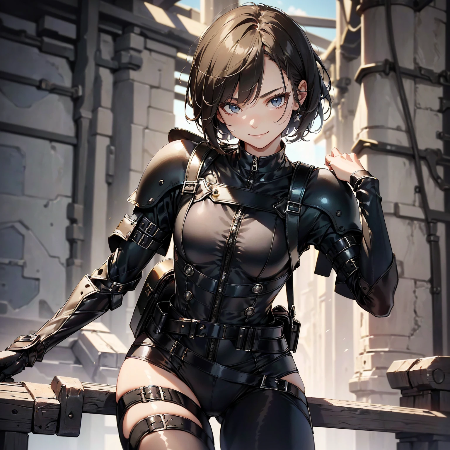 (masterpiece、highest quality、highest resolution、clear_image、detailed details): (whole body、18 year old female fighter，Slender、small face、black super bob short hair、Shiny black tight combat uniform，tight suit、Gentle smile、Backpack)