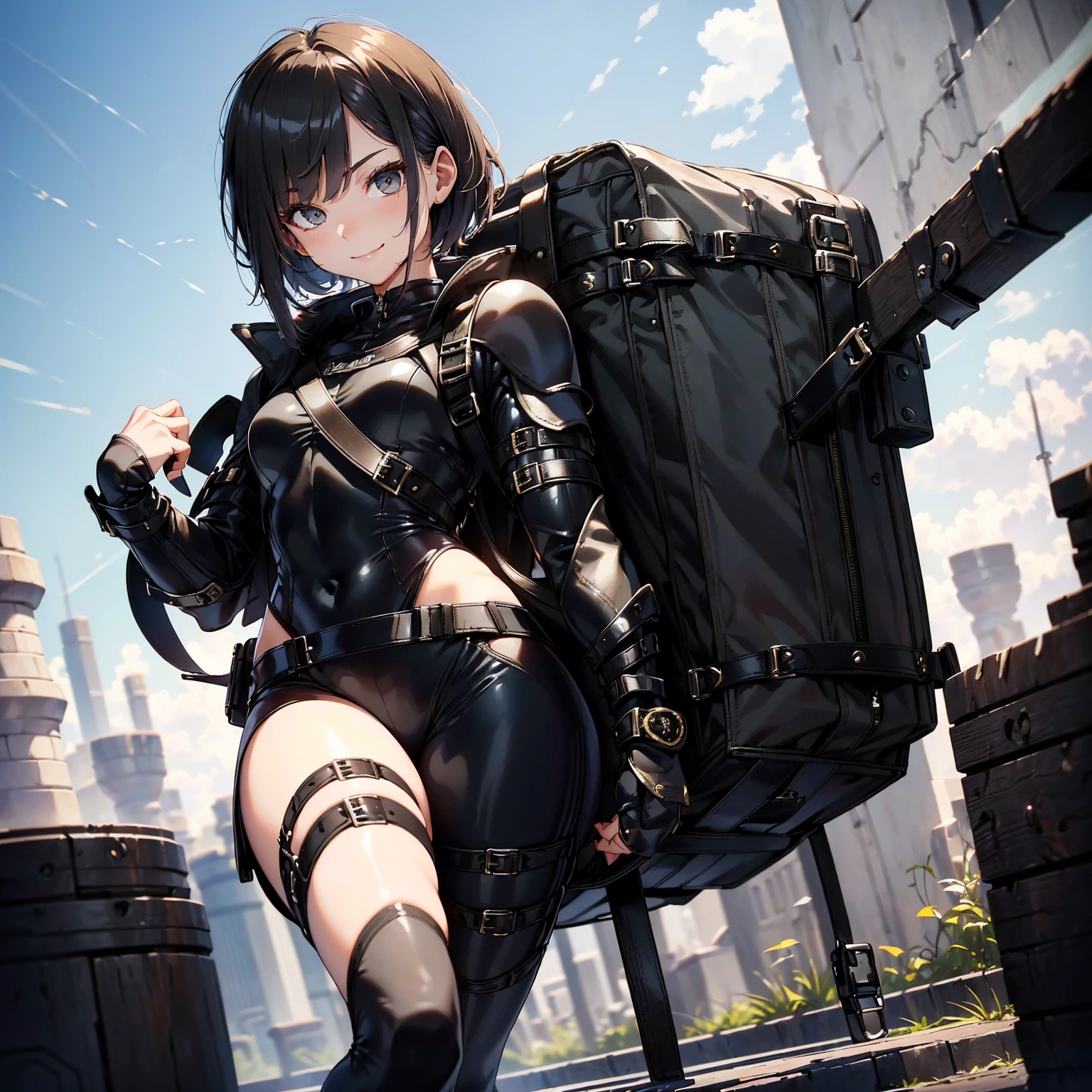 (masterpiece、highest quality、highest resolution、clear_image、detailed details): (whole body、18 year old female fighter,Slender、small face、black super bob short hair、Shiny black tight combat uniform,tight suit、Gentle smile、Backpack)