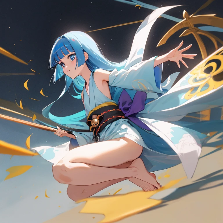 {{{{amazing quality, great quality, high quality, very aesthetic, aesthetic, best quality}}}}, 
realistic, photo, shadow, Three-dimensional, absurdres, Digital art, 
{{{{Magical girl}}}}, beautiful girl, one girl, 
{{{{{Yukikohime}}}}} {dororon Enma-kun Mela Mela}, {Dororon Enma-kun Mela Mela's Yukikohime}, 
light blue hair, long straight hair, hair, trimmed hair, shiny hair, blunt bangs, short sideburns, Multiple enemies open the girl's thighs, 
blue eyes, tareme, 
{{flat chest}}, {{small breasts}}, {{detailed body}}, slim thighs, thin thighs, 
{{white mini kimono}}, {{yellow kimono obi}}, {{skull-shaped hair ornament}}, barefoot, Geta for women, 
No panties, no bra, 
Multiple enemies pull the girl's legs from side to side. Multiple enemies open the girl's thighs, 