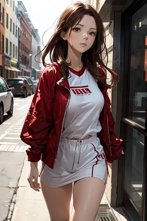 (8K), (best quality), (muste piece: 1.2) Cute woman walking through buildings with broken windows Wearing a red jersey brown hair Staring down