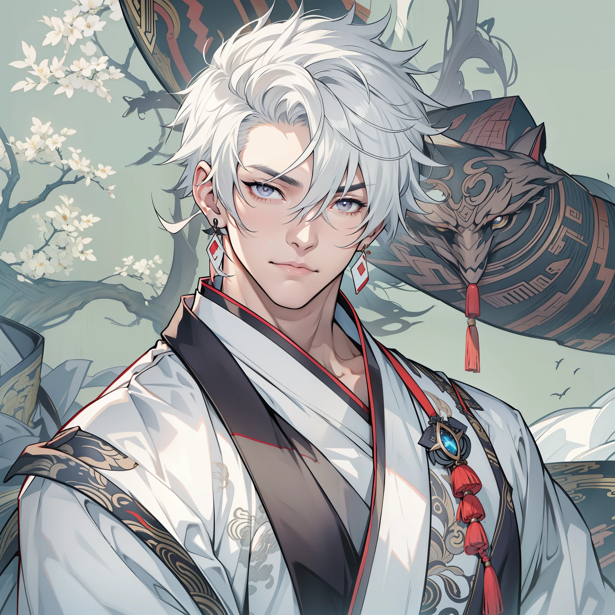 handsome man. 6ft 5 tall man. white hair. short hair. gray eyes. eye mask. earrings. toned body. muscular man. Chinese traditional clothing. Genshin Impact. 戴着eye mask. Hydro Vision. Pants bulge