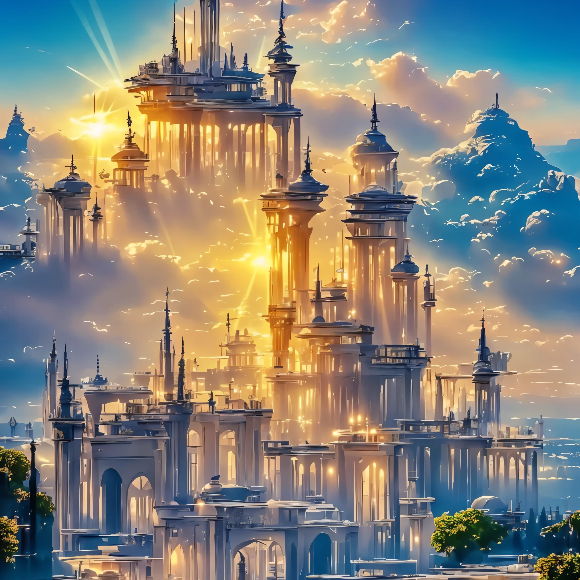 Sidon style, City of Progress, futuristic city, utopian world, brilliant gorgeous colors, thriving buildings, high-end clothing and architectural designs, luxurious buildings, utopian future, high detail, HDR, perfect, stunning progressive architecture, flawless world, reflective surfaces, subsurface scattering, flawless buildings, beyond imagination, 8K, global lighting, wide angle, divine rays, dream world