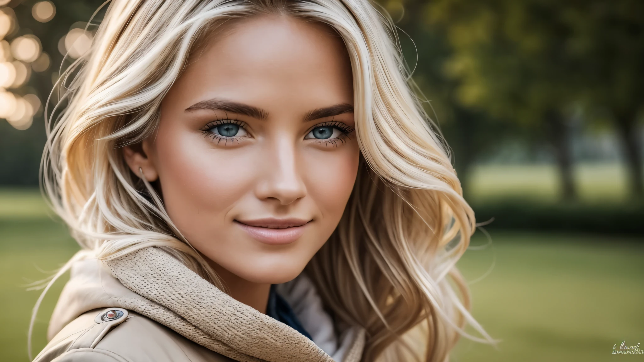 Hyper-realistic and detailed shot of a blonde woman .souriante de 25 ans portant un long manteau et une mini jupe. outside. Le soleil brille. Des yeux parfaits, (maquillage des yeux:1.1), (seins parfaits), (Highly detailed skin:1.1), ......RAW, style analogique, mise au point nette, 8K UHD, DSLR, High quality, Fujifilm XT3, grain, award winning, Masterpiece, Objectif 50mm, corps entier