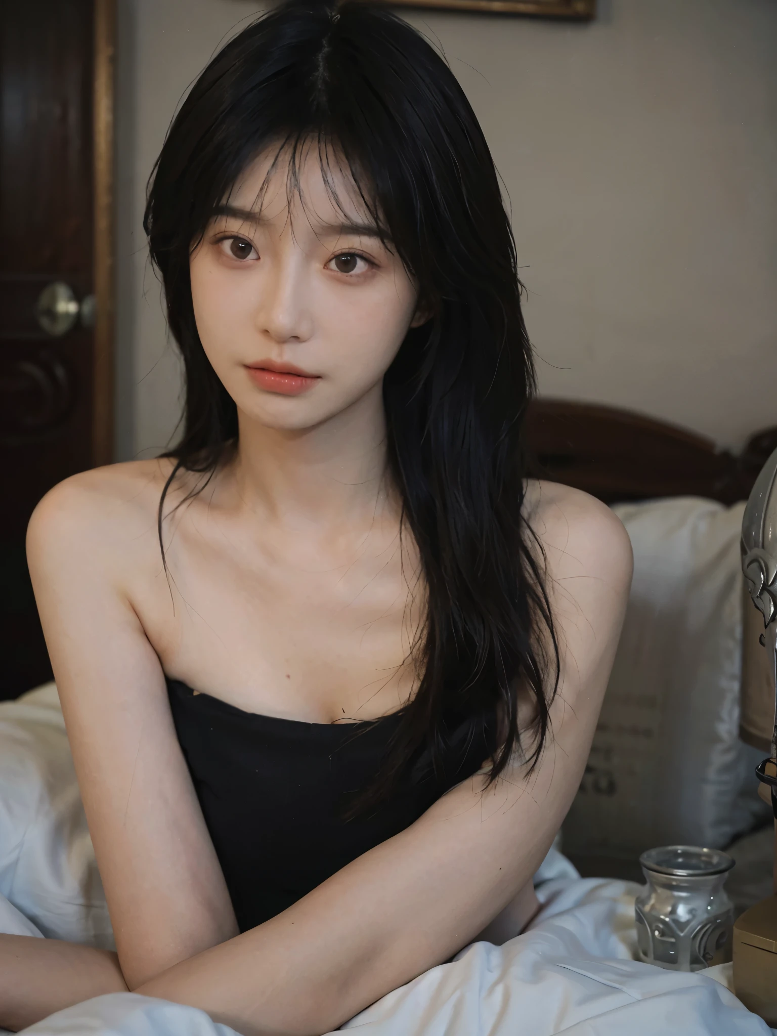 Film portrait photography, 1 girl, bare shoulders, Shoulder length wavy hair, serene, calm, (Realistic and detailed eyes, natural skin texture, Realistic facial details), Soft dramatic lighting, depth of field, Bokeh, Vibrant details, Detailed and detailed, Surrealism, 35mm film, hazy, ,