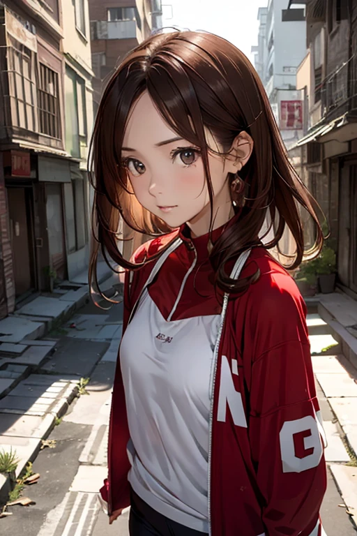 (8K), (best quality), (muste piece: 1.2) A cute woman walks through dilapidated buildings with broken windows. Wearing a red jersey brown hair Staring down