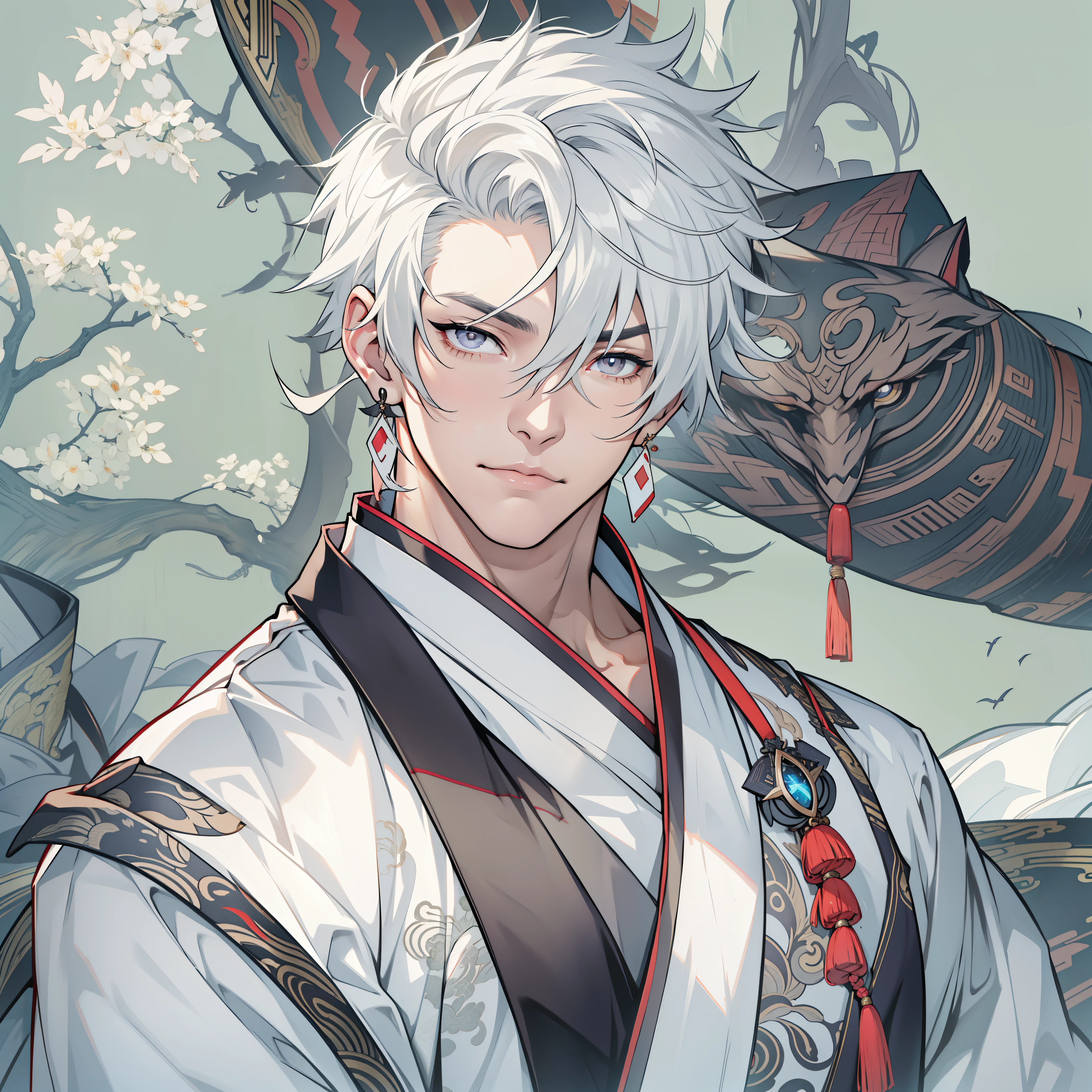 handsome man. 6&#39; 5 man. white hair. short hair. gray eyes. eye mask. earrings. toned body. muscular man. Chinese traditional clothing. Genshin Impact. 戴着eye mask. Hydro Vision. bulge in pants