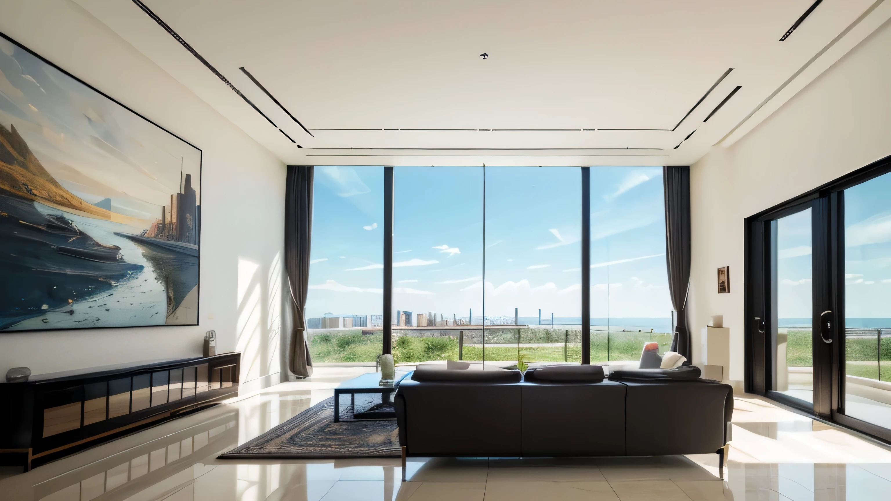reception room，There is a wall in the middle of the reception room,The painting on the wall is in the middle, Paintings on the walls, skyscape, Large airy windows, large floor tile, large wall tile. Zaha Hadid and Santiago Calatrava landscape panoramic style, Fish, Clear light, Edge lighting, Perfect image, Building summary style, 16k UE5. superfine, 8K, hdr, Product photography, Depth of field, Nikon D850, Ultra-realistic, no contrast, clean sharp focus, professional, No blurring, bird eyes