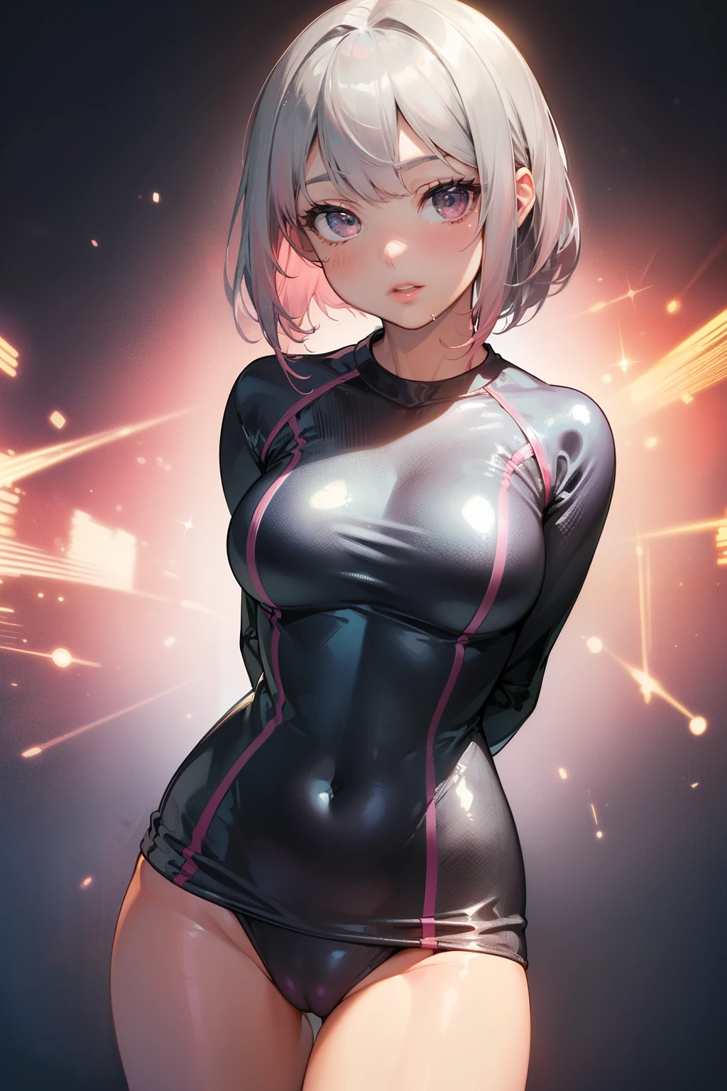 ((anatomically correct hand:1.5)), anime, ((京都animeーション風に:1.5)), ultra precision, masterpiece, very very beautiful, プリンセスのface, ((1 woman)), ((alone:1.5)), ((pink hair:1.5)), ((bob cut 1.5)), break, ((black eye)), shortcut, ((straight hair)), break, All limbs,((full finger:1.5)), break, ((long_sleeves)), break, (((silver training wear:1.5))), break, (), ((skin dents)), professional lighting, (25 years old), tight waist, shiny skin (brown skin), ((oily skin)), glowing skin, looking at the viewer, ((cowboy shot:1.5)), ((dynamic pose:1.5)),  look at the camera, わずかな笑face, mouth slightly open, ((cute:1.tra fine eyes, Extra-fine face, ((thin lips:1.5)), ((droopy eyes)), わずかな笑face, ((model pose:1.5)), face, look at the camera, ((large_breasts)), (()), ((anatomically correct fingers:1.5)), ((Metallic costume:1.5)), (((arms behind back:1.5))), ((thighs)), , ((see-through)), break, (latex),