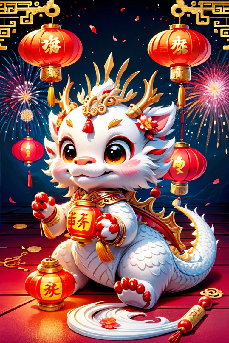 1 Chinese dragon，[(Chinese palace background:1.5)::5]，medium shot，Chinese style，((Spring Festival，lantern，fireworks，firecracker，Floral fragrance，stone fragment，Beautiful and delicate water，moiré floor))，Cute Chinese Dragon