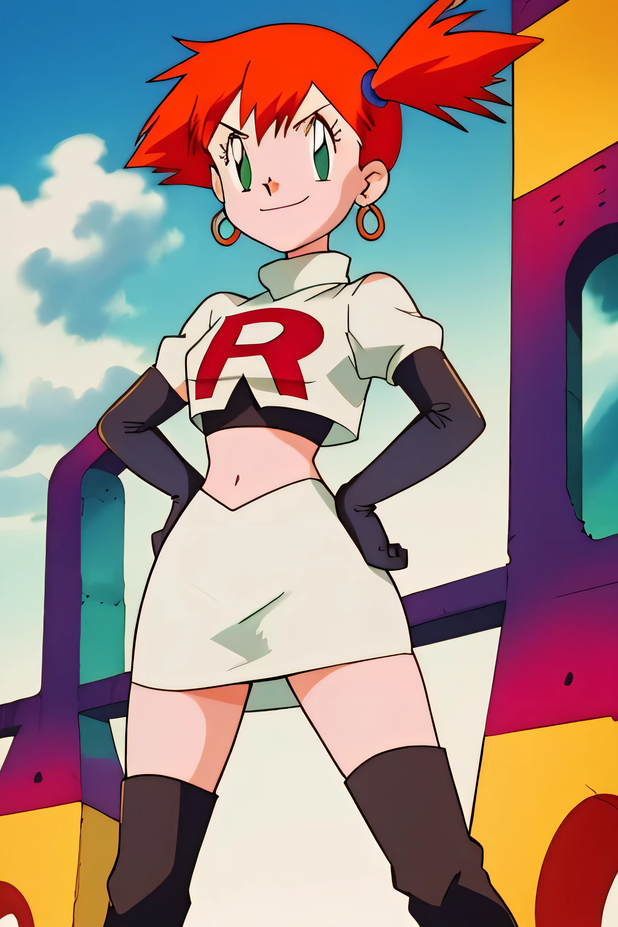 misty (pokemon), 1girl, solo, glossy lips, earings ,team rocket uniform, red letter R, white skirt,white crop top,black thigh-high boots, black elbow gloves, closed mouth, evil smileteam rocket uniform, red letter r, white skirt,white crop top,black thigh-high boots, black elbow gloves, evil smile, looking at viewer, hands on hips