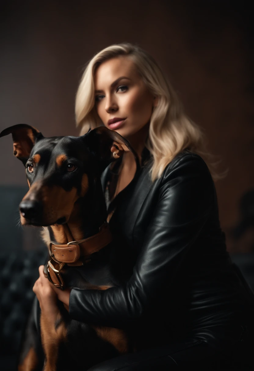 Blonde girl in a leather suit with a Doberman with erect ears in the studio