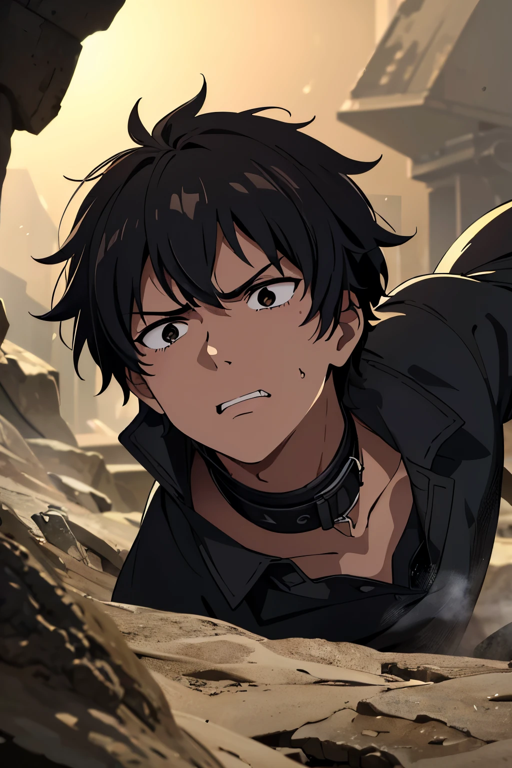 (best quality, 4k, 8k, high resolution, master part: 1.2), ultra-detailed, A 15 year old boy, angry face, black hair and black eyes, brown and dirty clothes, trapped in a dark underground, collar around his neck . Deep, dark underground, without light.
