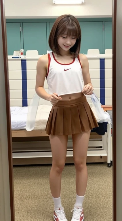 Maki Horikita Beautiful girl High school student Brown hair Athletics Short height Small breasts Short hair White tank top Hospital room Beautiful legs