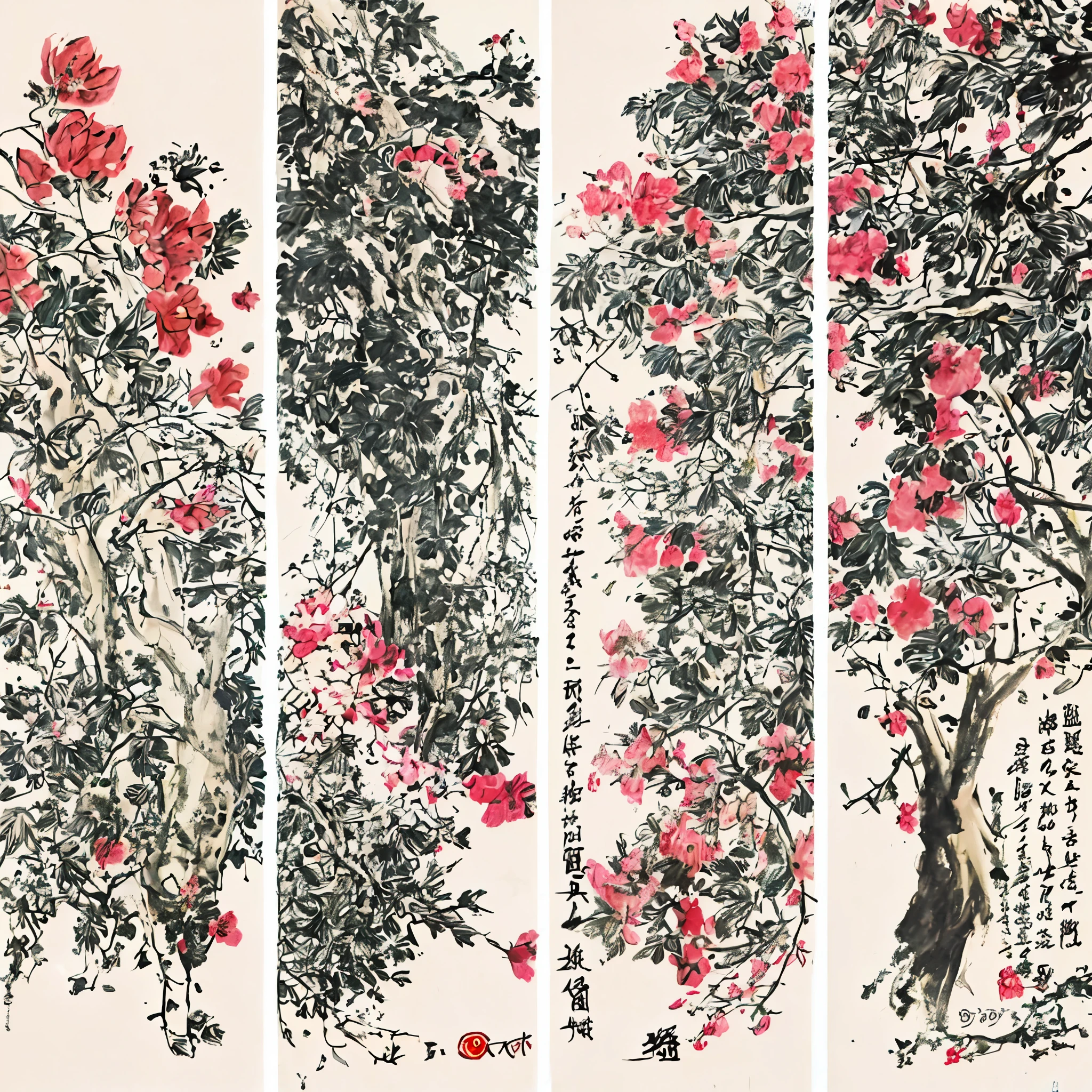 Four trees flower and bird painting, Chinese traditional art，Chinese painting，Freehand flower and bird painting，author：Qi Baishi，author：Wu Changshuo，author：Ren Bo Nian，plum bossom，chrysanthemums，Hibiscus flower，gourd，chicken，Delicate ink painting