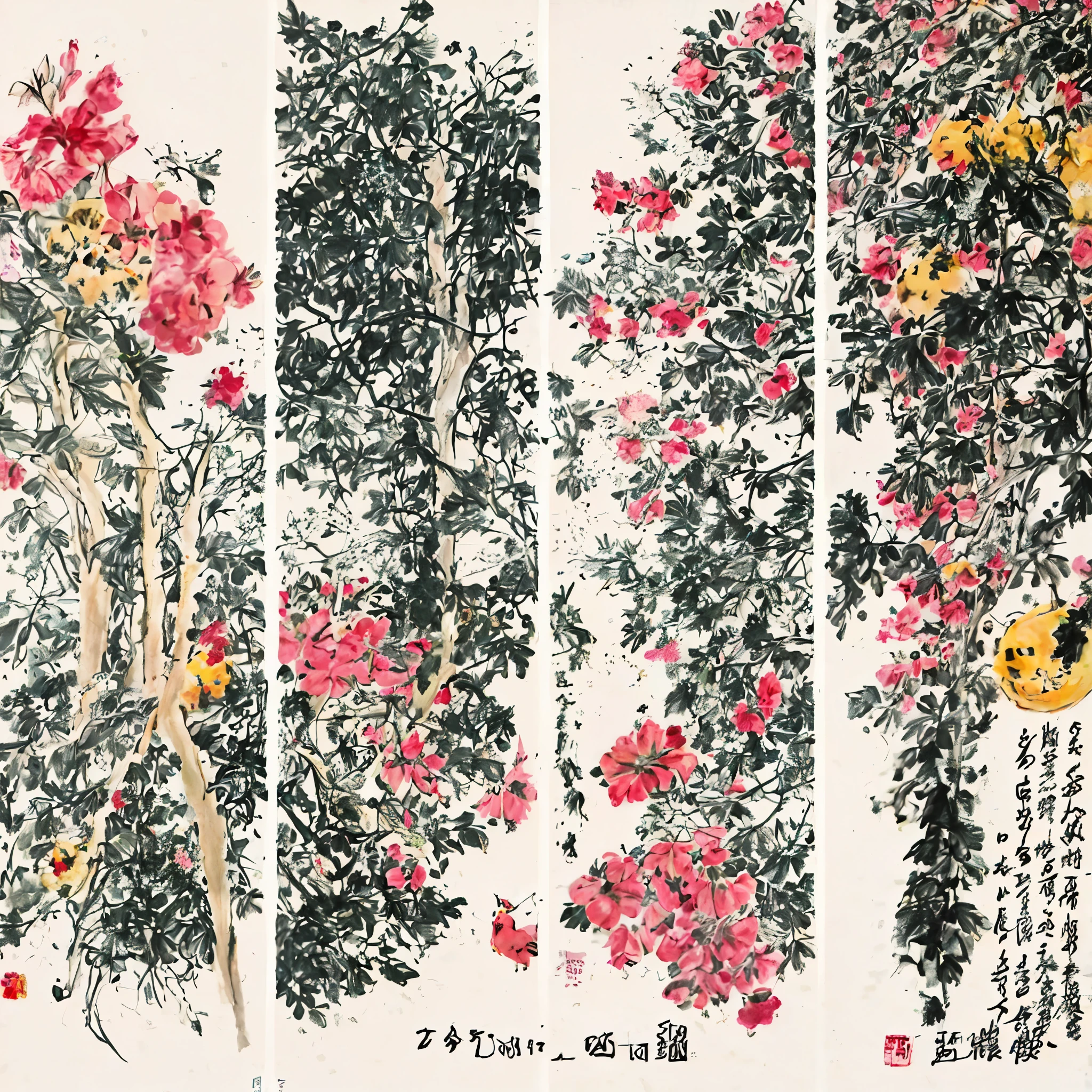 Four trees flower and bird painting, Chinese traditional art，Chinese painting，Freehand flower and bird painting，author：Qi Baishi，author：Wu Changshuo，author：Ren Bo Nian，plum bossom，chrysanthemums，Hibiscus flower，gourd，chicken，Delicate ink painting