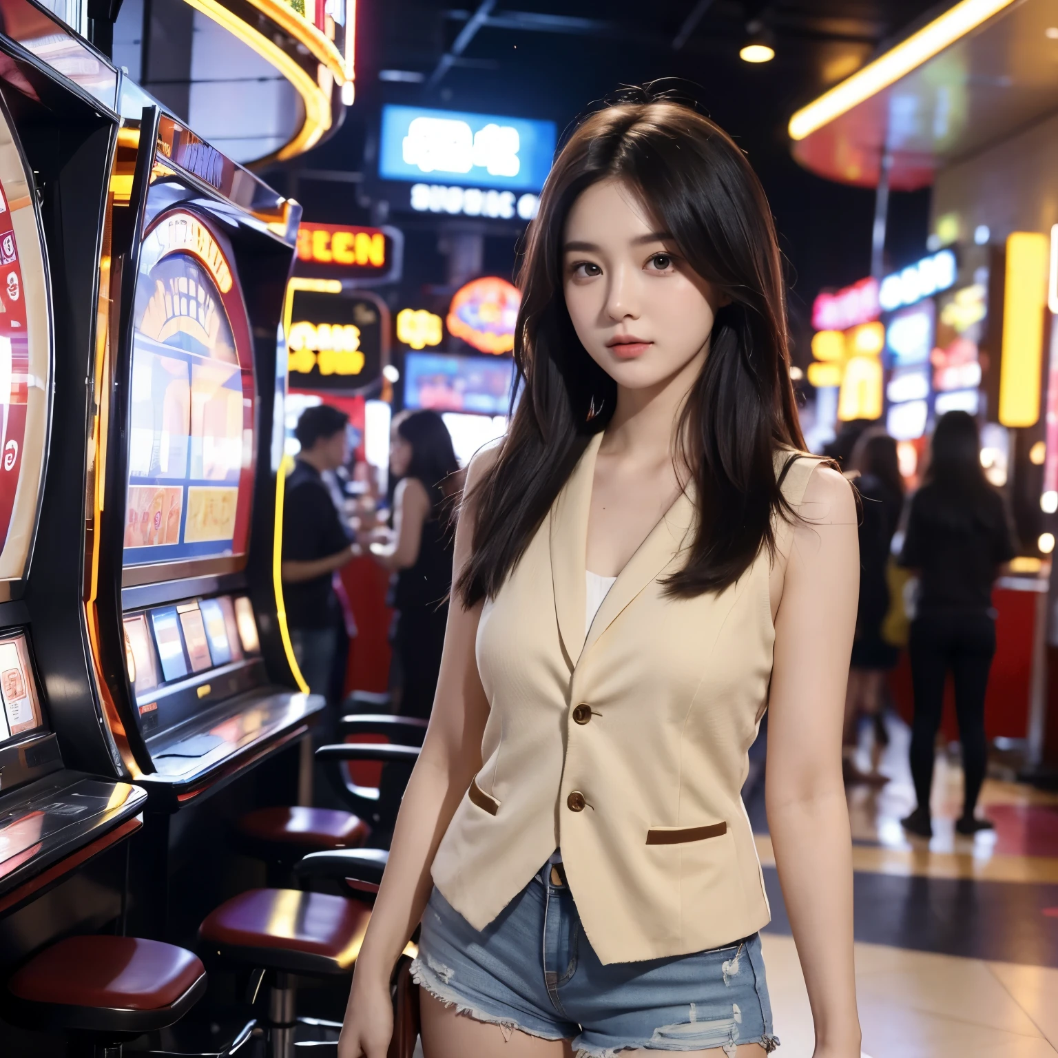 individual，young girl，23 years old, （（ esports players）），fine hair, Detailed faces, full的身材，long hair，full, Short hair details, long legs，Short hot pants, Beige vest，slot machine