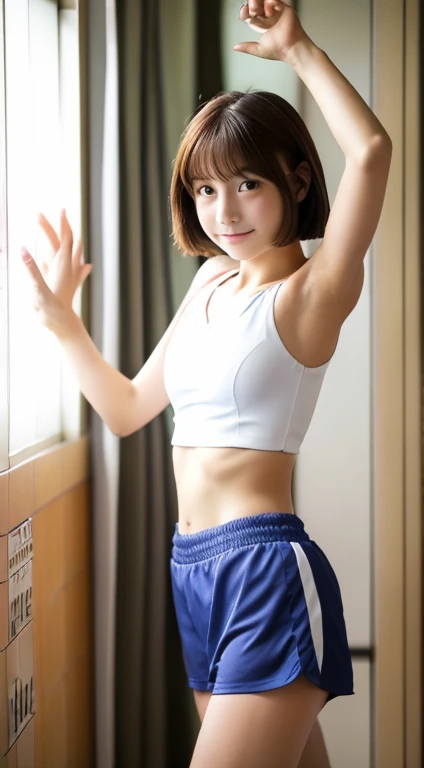 (Best Quality, Masterpiece, Ultra high resolution, (Photorealsitic:1.4), Raw photo), 1girl, 12-years-old, (Japanese famous idol and famous volleyball player, Standing at volleyball court), (((wearing sleeveless volleyball uniform, upturned very beautiful small ass), ((very short cut black haired, Amazingly cute face like a Japanese number one idol, very beautiful big black eyes)))), very skinny body and skinny thighs, very flat beautiful chest and beautiful hip, innocent smile, dynamic pose, looking at viewer, detailed face, detailed eyes, detailed hair, detailed body, detailed thighs