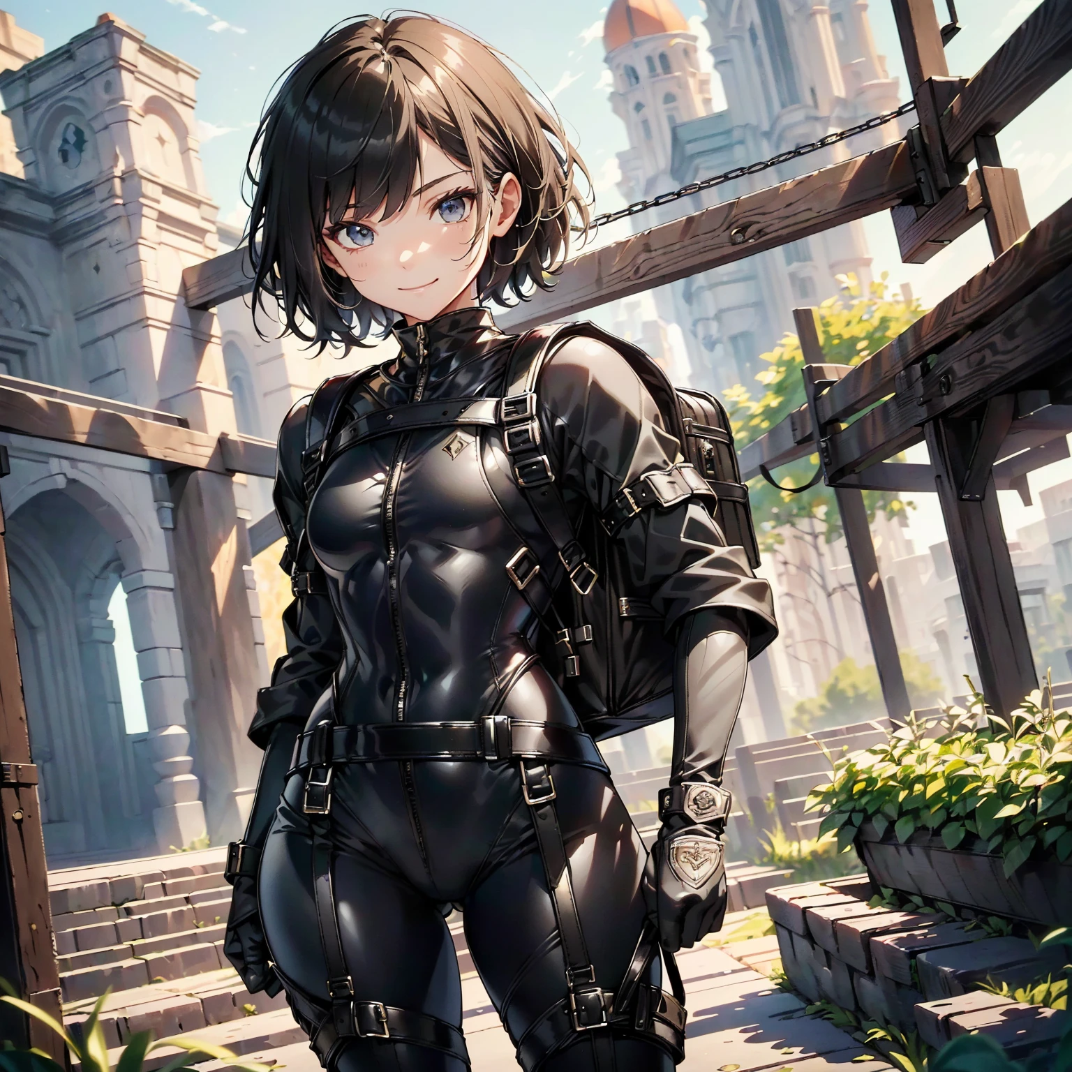 (masterpiece、highest quality、highest resolution、clear_image、detailed details): (whole body、18 year old female fighter,Slender、small face、black super bob short hair、Shiny black tight combat uniform,tight suit、Gentle smile、Backpack)