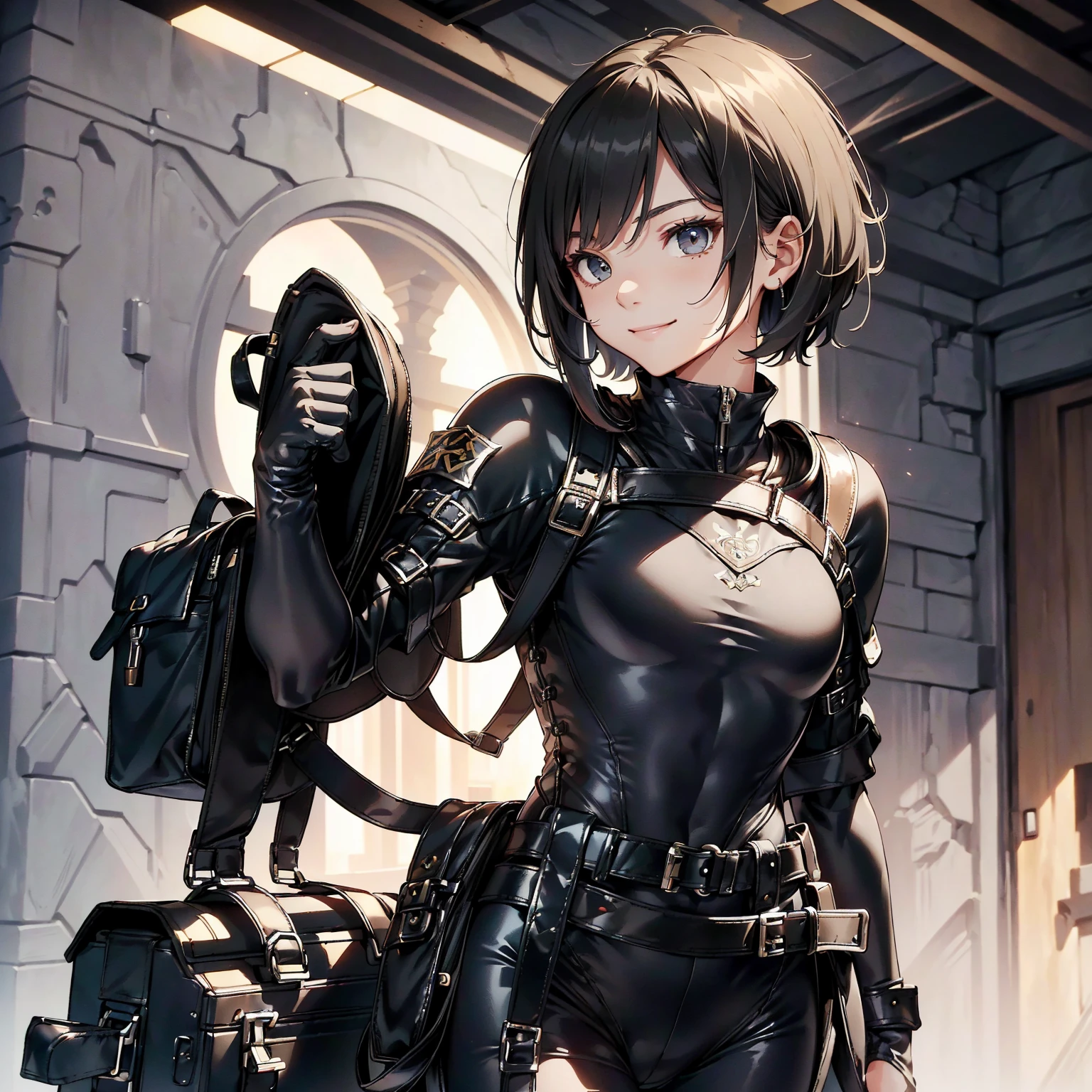 (masterpiece、highest quality、highest resolution、clear_image、detailed details): (whole body、18 year old female fighter,Slender、small face、black super bob short hair、Shiny black tight combat uniform,tight suit、Gentle smile、Backpack)