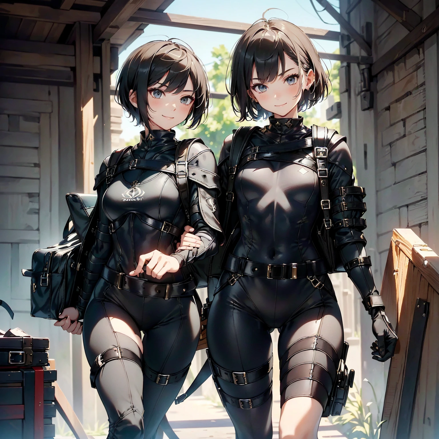 (masterpiece、highest quality、highest resolution、clear_image、detailed details): (whole body、18 year old female fighter,Slender、small face、black super bob short hair、Shiny black tight combat uniform,tight suit、Gentle smile、Backpack)