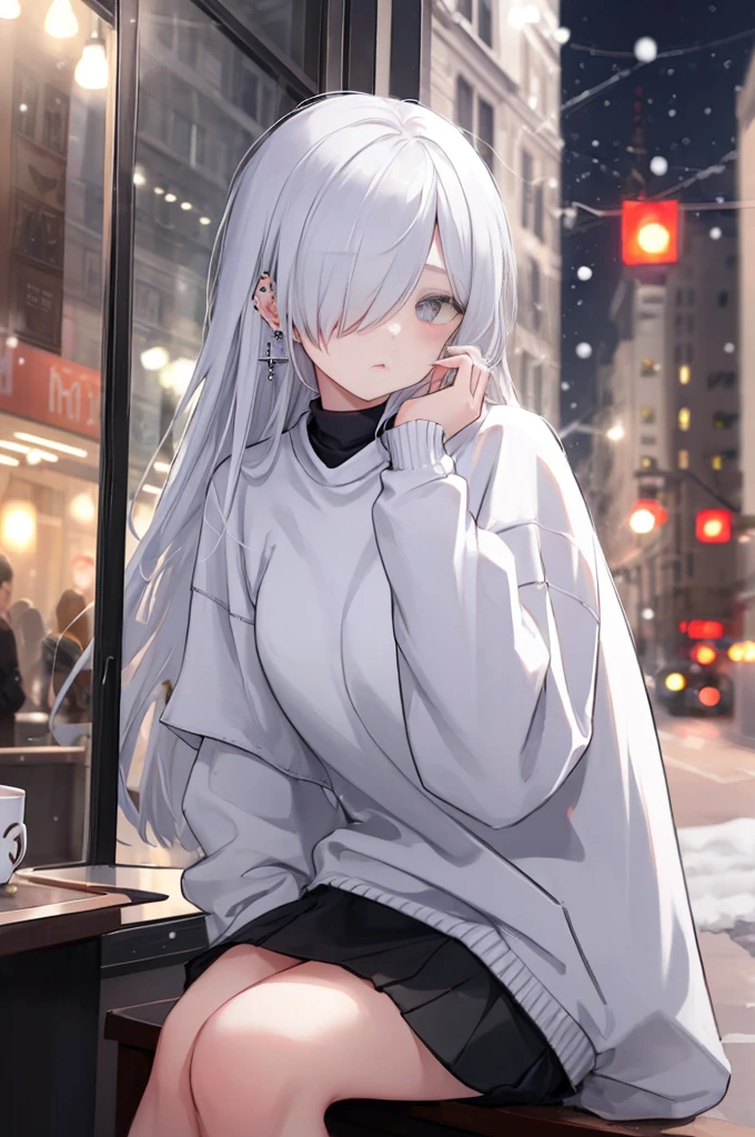 ((masterpiece:1.4, best quality:1.2)), 1girl, solo focus, beautiful skin, blush, white sweatshirt, long white hair, grey eyes, sitting, earrings, Hands on face, piercing, coffee shop window, night, snowing, cityscape, tall female, beautiful and delicate female, comfy ambience, {correct posing}, {detailed background}, a miniskirt, hair over one eye, shy,