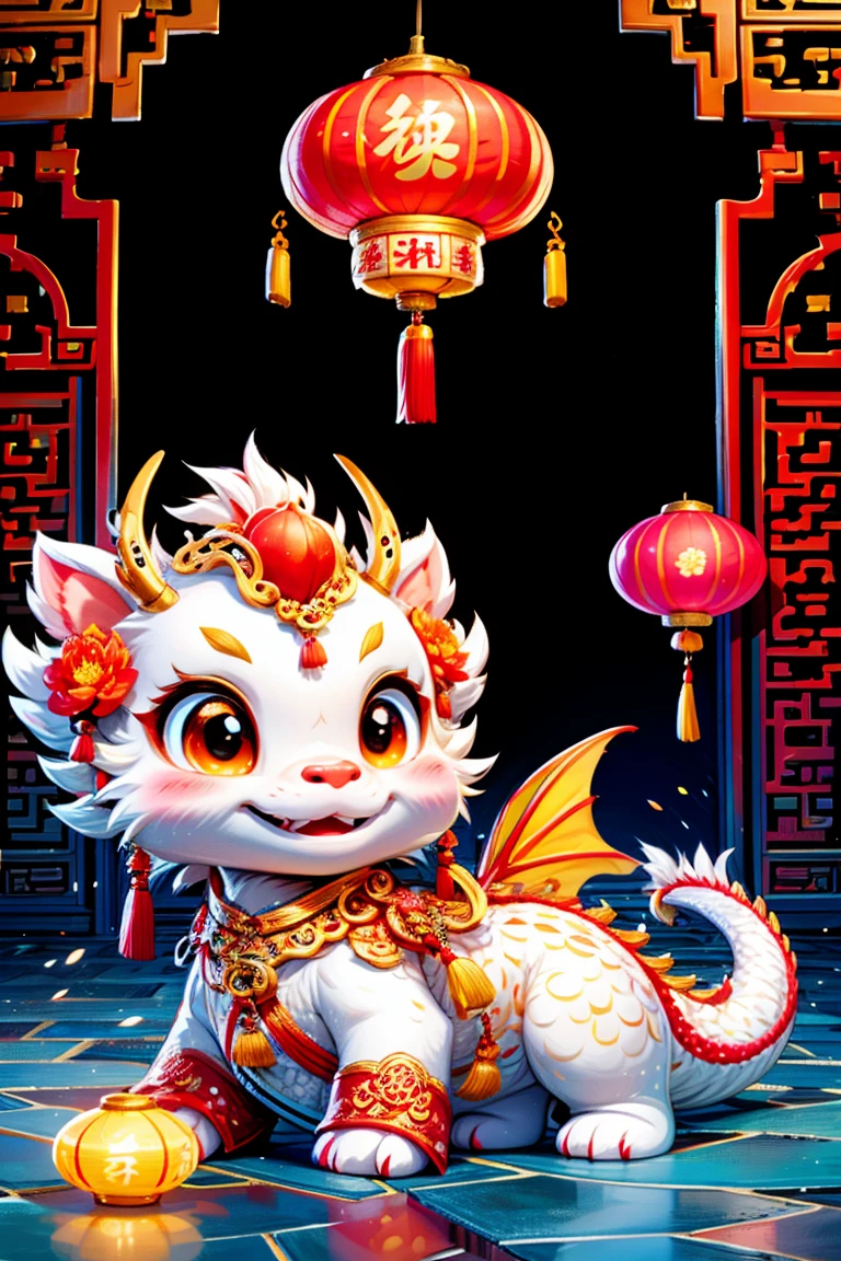 1 Chinese dragon，[(Chinese palace background:1.5)::5]，medium shot，Chinese style，Spring Festival，lantern，fireworks，firecracker，Floral fragrance，stone fragment，((Beautiful and delicate water)，((moiré floor))，Cute Chinese Dragon