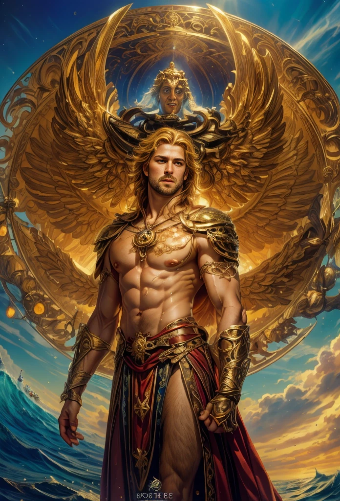um retrato de(( um homem belo como os Deuses )), ((peitoral forte e largo)), pernas fortes e musculosasin high definition, em 8K de ((um homem)) de 18 anos, (( Homem)), Deus do Mar, Deus do Oceano, Luthien, arte de deus, Deus da mitologia grega, Deus da Lua, Deus do amor e da paz, deus bonito, Mitologia do Deus da Terra, o deus Eros, Um retrato impressionante de um deus, Frank Kelly Freas, Estilo Karol Bak, ((beautiful face)), Ultra Definition, melhor qualidade, 32k ultra , Ultra HD