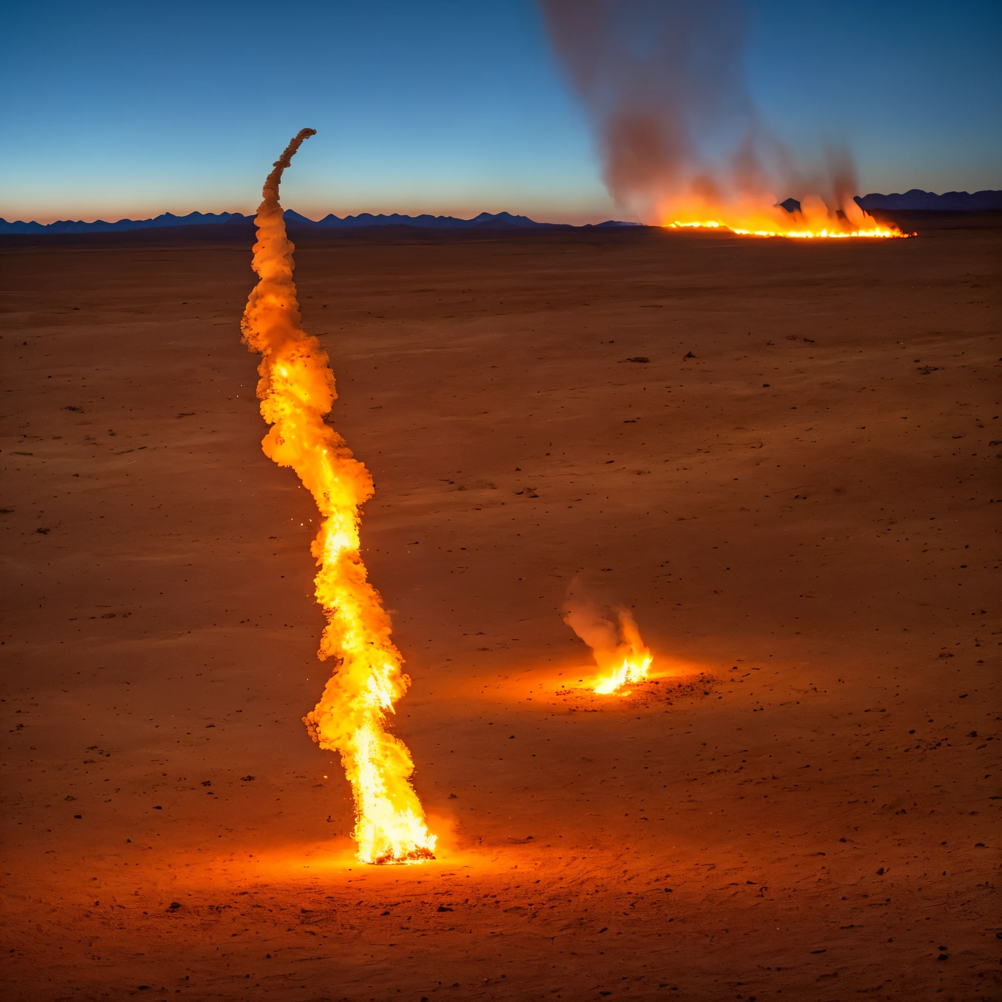 Singular fire tornado at night in a desert landscape.