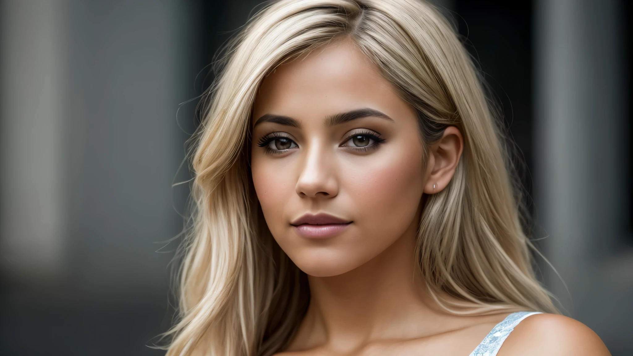 high angle of a Latina woman, with light blonde hair, city, natural skin texture, 24mm, 4k textures, soft cinematic light, RAW photo, photorealism, photorealistic, intricate, elegant, highly detailed, sharp focus, ((((((cinematic look)))), soft tones, insane details, intricate details, hyperdetailed, low contrast, soft cinematic light, dark colors, exposure mix, hdr, faded