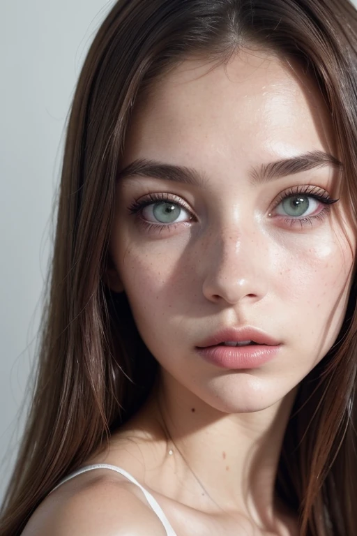 This portrait depicts a young woman with, superimposed brown hairs. She wears a light-colored top and has her lips painted in a bright pink lipstick....... Her emerald green eyes are framed by dark eyeliner and mascara, while his eyebrows have been cared for to perfection. The woman looks directly at the camera with an intense gaze, prise de photo frontal, comme si elle prenait un selfie. Son cou et sa gorge sont visibles sur la photo, adding to the overall effect of this stunning portrait. The background of the image is white, allowing all attention to be focused on the subject of this photograph - the beautiful young woman who looks confident and poised despite the fact that she was captured on film. This photo could easily be used for fashion or beauty magazines because of its high-quality composition and lighting that perfectly highlights every detail of her face.....,portant un crop top sans bretelles noir et un jean bleu. Elle se tient devant un mur blanc, Posing for the camera