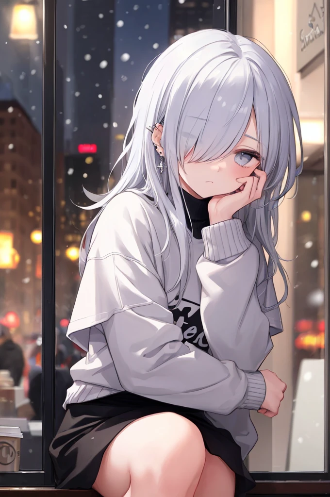 ((masterpiece:1.4, best quality:1.2)), 1girl, solo focus, beautiful skin, blush, white sweatshirt, long white hair, grey eyes, sitting, earrings, Hands on face, piercing, coffee shop window, night, snowing, cityscape, tall female, beautiful and delicate female, comfy ambience, {correct posing}, {detailed background}, Short skirts, hair over one eye, shy,