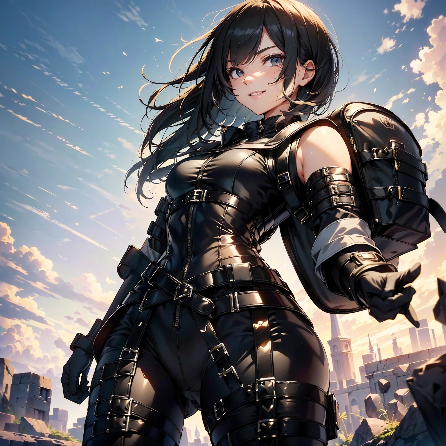 (masterpiece、highest quality、highest resolution、clear_image、detailed details): (whole body、18 year old female fighter，Slender、small face、black super bob short hair、Shiny black tight combat uniform，tight suit、Gentle smile、Backpack)