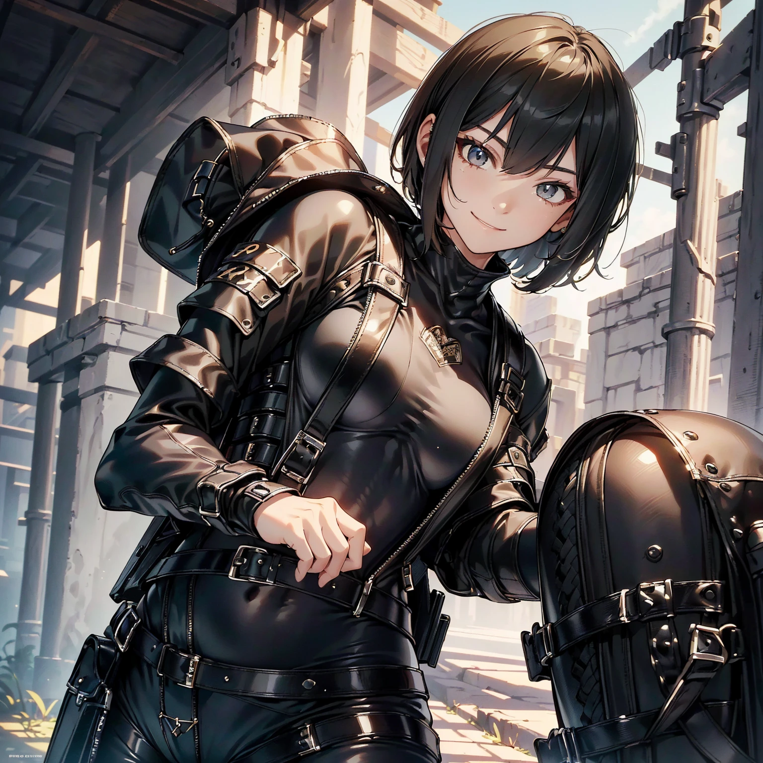 (masterpiece、highest quality、highest resolution、clear_image、detailed details): (whole body、18 year old female fighter,Slender、small face、black super bob short hair、Shiny black tight combat uniform,tight suit、Gentle smile、Backpack)