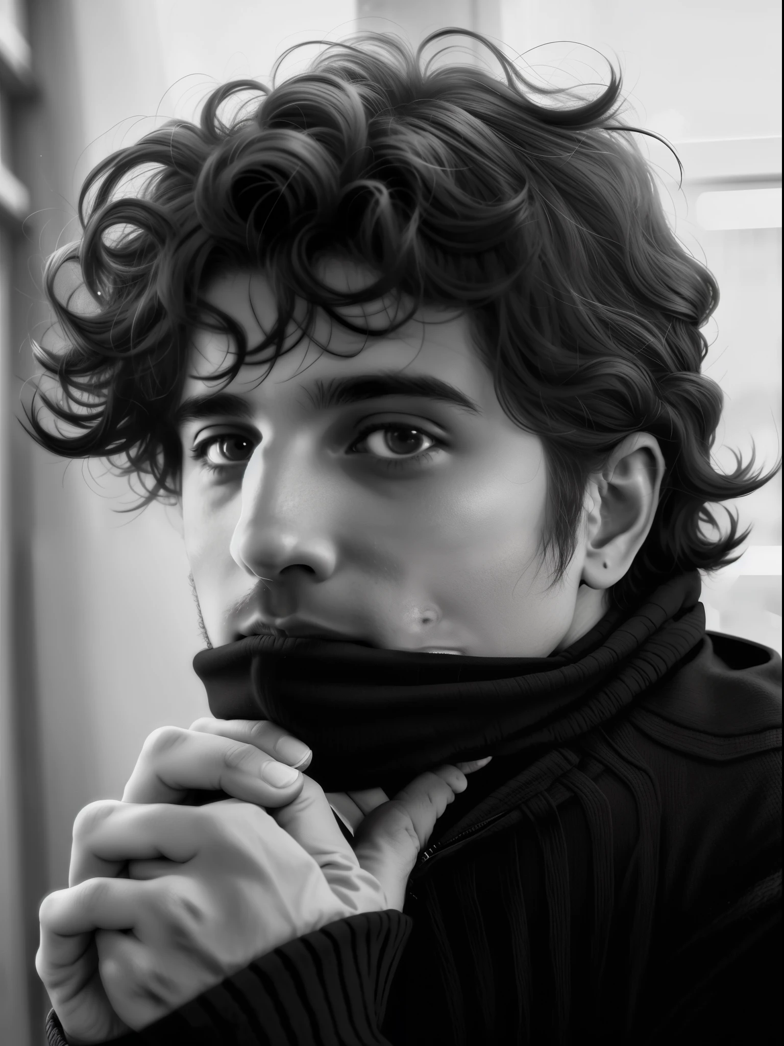 Arafed man with curly hair and a black sweater., retrato de un joven italiano, por Alexis Grimou, inspirado en Federico Zuccari, Federico Pelat, inspirado en Davide Sasselli, David Sorrenti, inspired por Alexis Grimou, inspirado en Giorgio Giulio Clovio, Alessandro Barbucci, Sebastian Luca